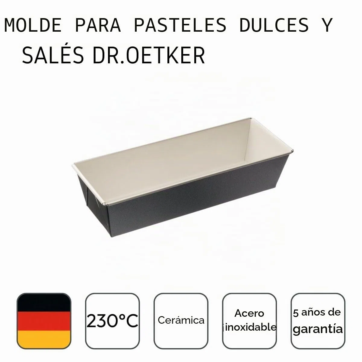 Dr. Oetker, 30x11,5x7,5cm, Molde rectangular plumcake en acero reforzado con cerámica y revestimiento antiadherente especial, 1ud, Gris marengo y crema
