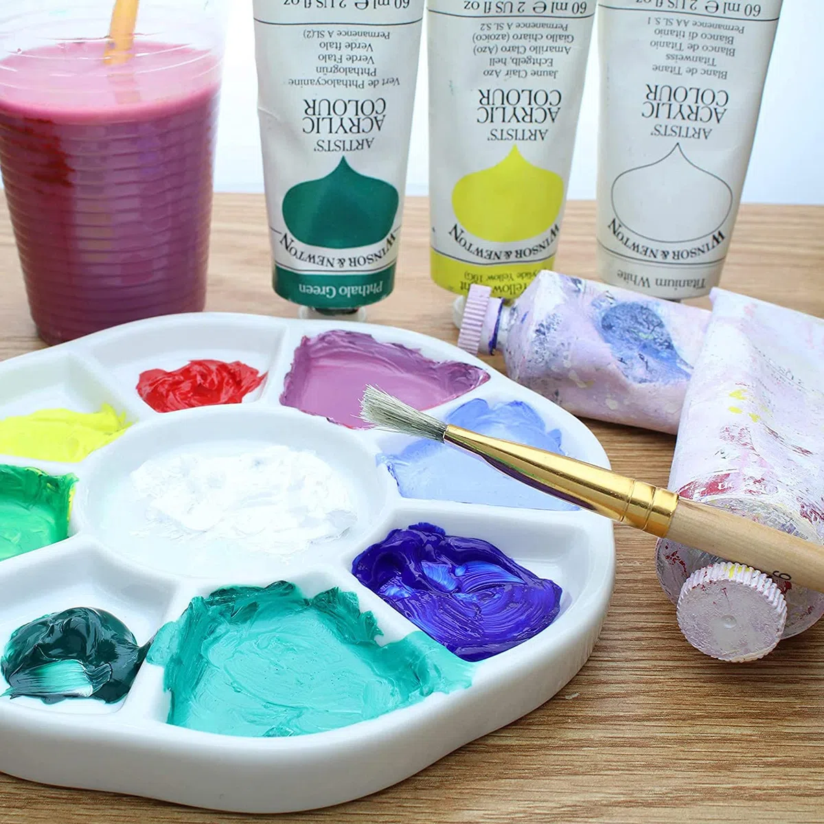 Paleta de pintura de acuarela de cerámica de porcelana de 9 pozos, bandeja de mezcla de cerámica, plato de acuarela de flores, paleta de gouache para artes y manualidades, organizador de accesorios de
