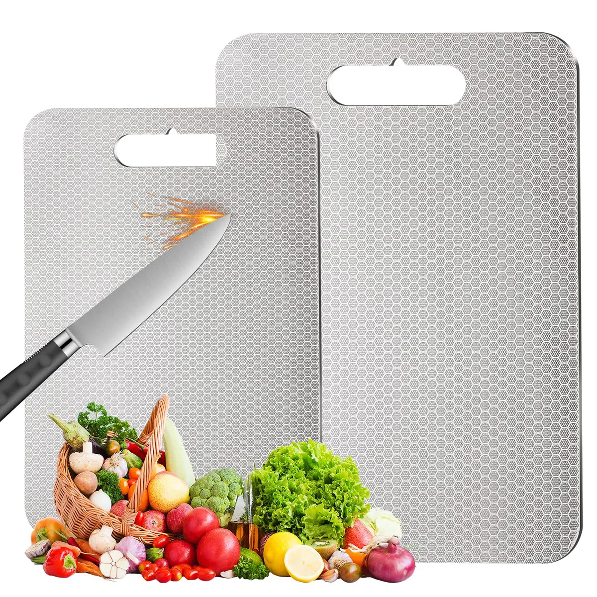 Juego de 2 tablas de cortar de titanio, 2025, resistencia a los arañazos, 100% acero inoxidable 316, sin BPA, tabla de cortar en ambos lados, ideal para carne, pan, verduras y frutas