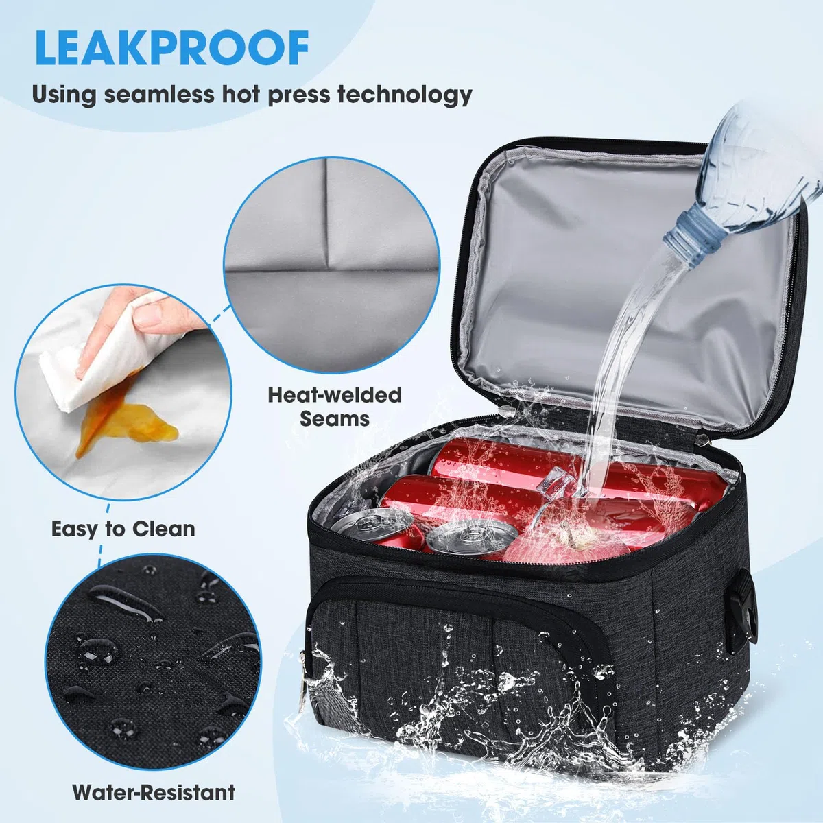 RAINSMORE Bolsa Termica Porta Alimentos 10L Bolsa Comida Trabajo Bolsa Isotermica Lunch Bag Bolsa Almuerzo para Oficina Viaje Pícnic Negro