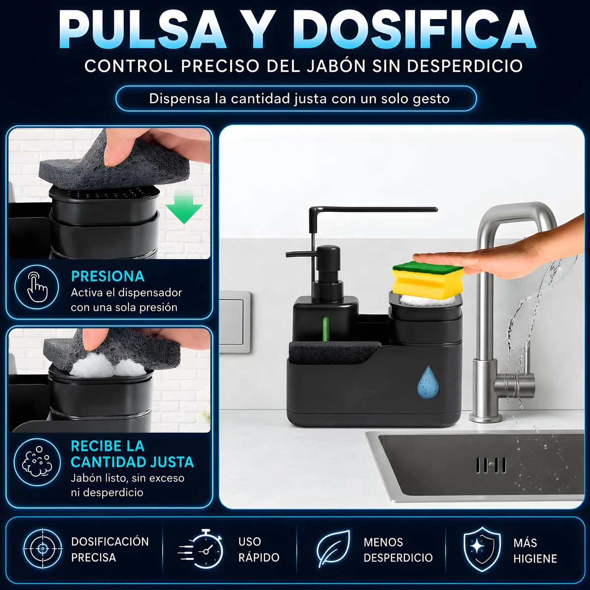 Dispensador Jabon Cocina - Dosificador Jabon Cocina - Jabonera Cocina - Organizador Cocina - Organizador Fregadero Cocina - Soporte Estropajo Fregadero (Negro)