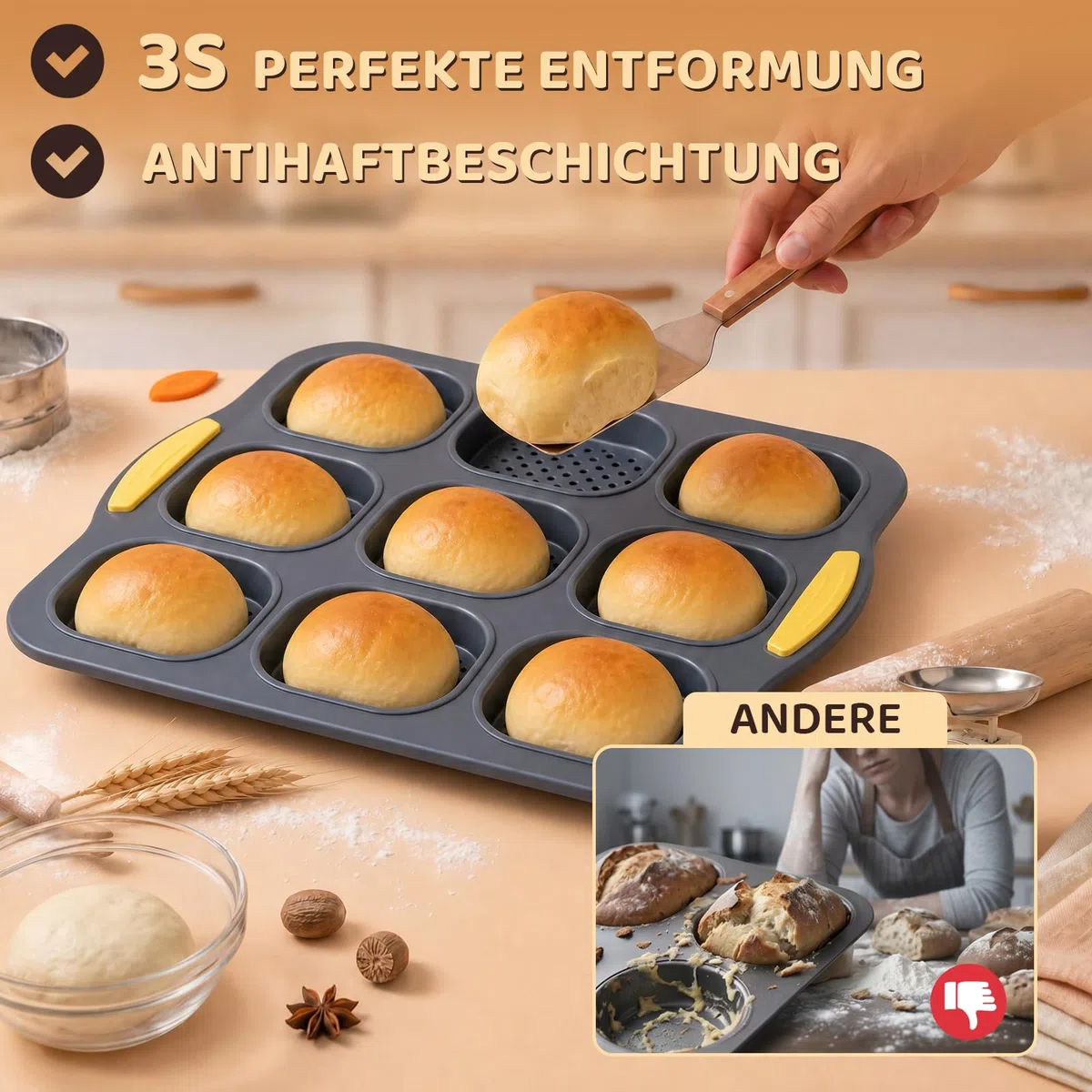 Molde para panecillos, 9 cavidades, molde para panecillos, molde de silicona, molde antiadherente, para hornear en casa