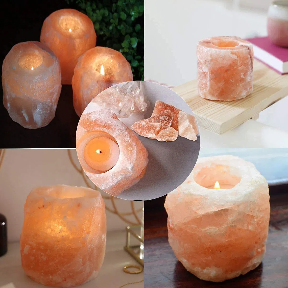Paquete de 3 portavelas de sal del Himalaya, portavelas de té, color rosa, blanco, gris, cristal himaliano, lámpara de sal de roca, juego de velas de té, luces en T ionizantes curativas (naranja,