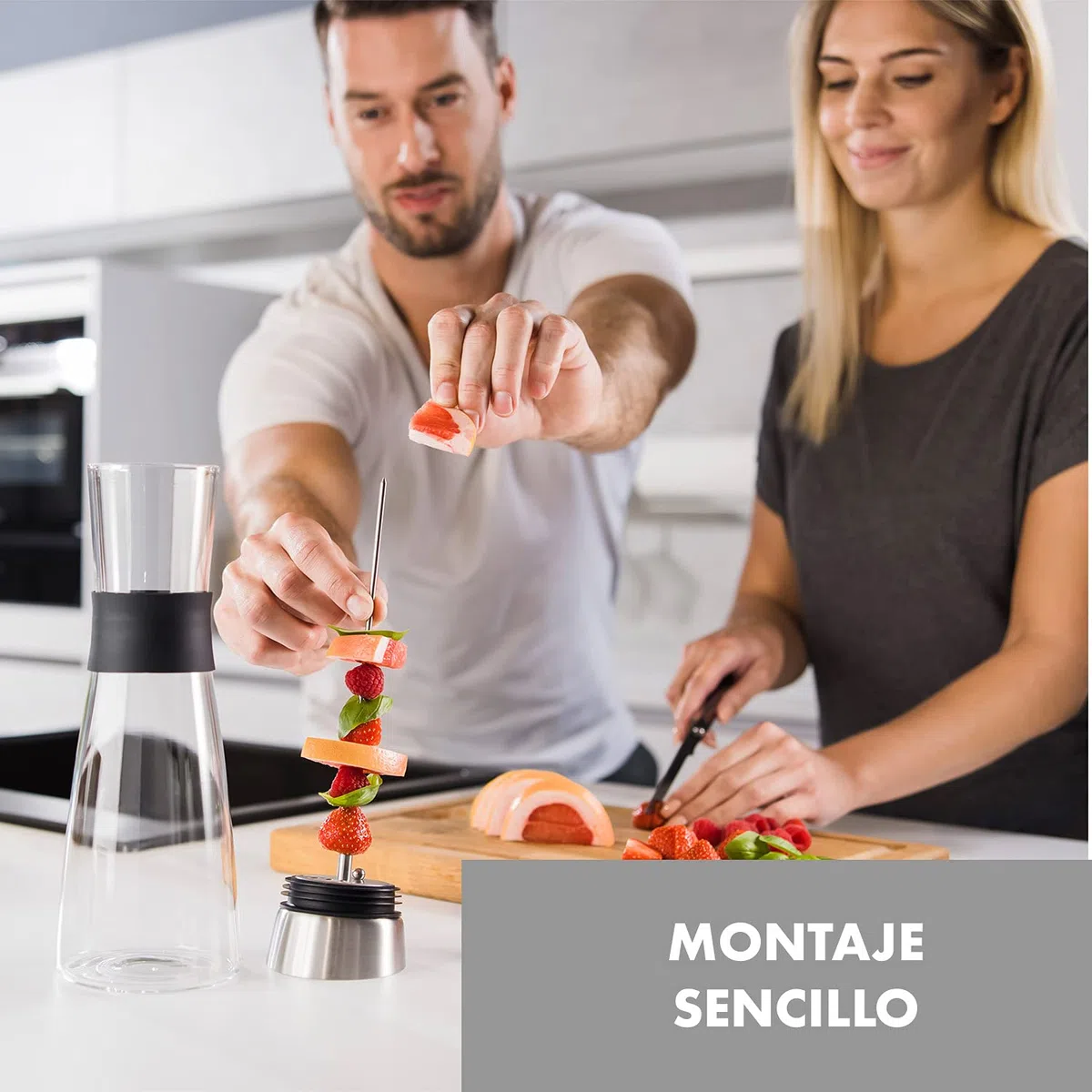 Jarra Agua Cristal (1L), Brocheta de Fruta con Tapón Extraíble, Tapa de Acero Inoxidable, Jarra de Agua de Vidrio Borosilicato, Asa Silicona, Apta lavavajillas, Libre de BPA