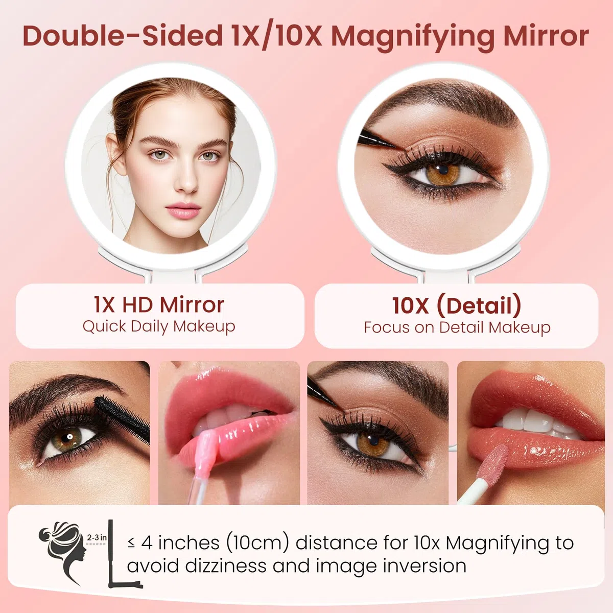 Espejo Maquillaje con Luz, 1X/10X de Doble Cara Espejo Tocador con Luz, Espejo Maquilhagem con 3 Modos de Iluminación, Espelho Luces Maquillaje con Aumento,USB,Sobremesa,Portátil para Viajes