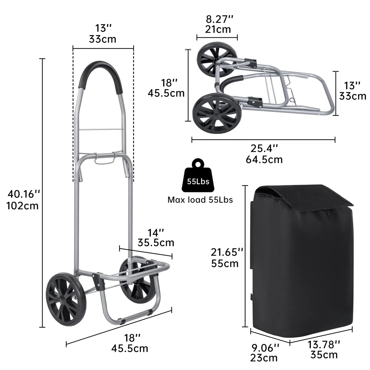 Carro de Compra Plegable 2 Ruedas Grandes | Carrito de la Compra Ligero con Bolsa Impermeable y Desmontable | Carga hasta 25kg | Capacidad 35 litros | Multiusos Estructura de Acero Robusta