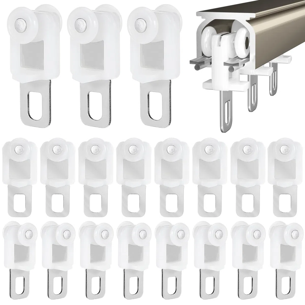 ABOOFAN 50 Piezas Poleas para Riel Cortina con Rodillos De Acero Inoxidable Y PláStico Deslizadores Resistentes para Cortinas De 1.3X0.6 Pulgadas Uso FáCil En Rieles De Techo
