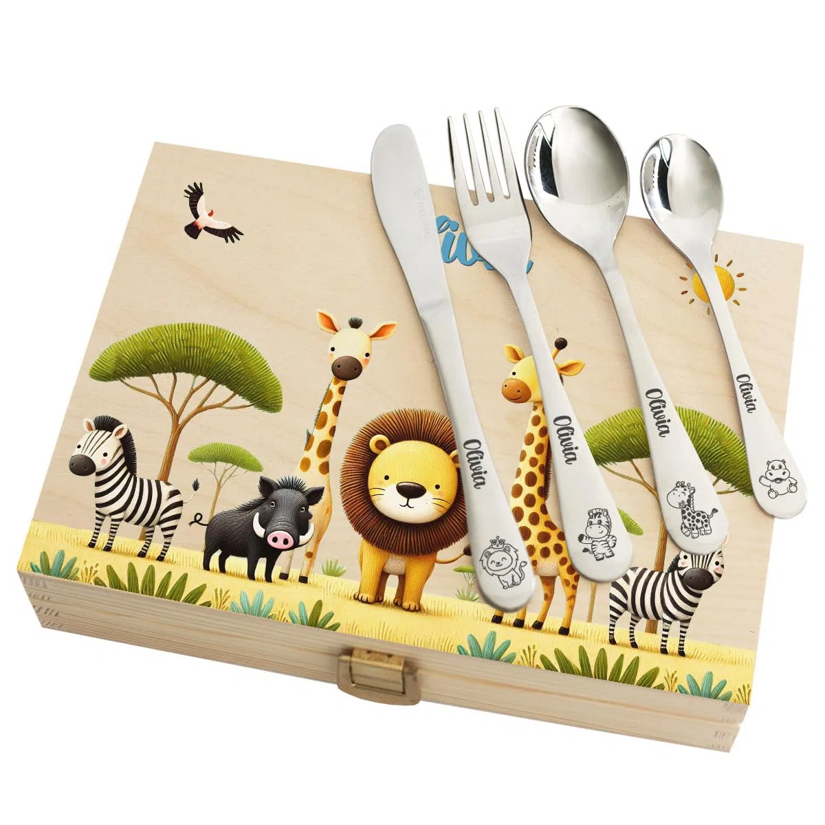 Cubiertos infantiles personalizados con estuche impreso - motivo safari - regalo nacimiento, cumpleaños, bautizo