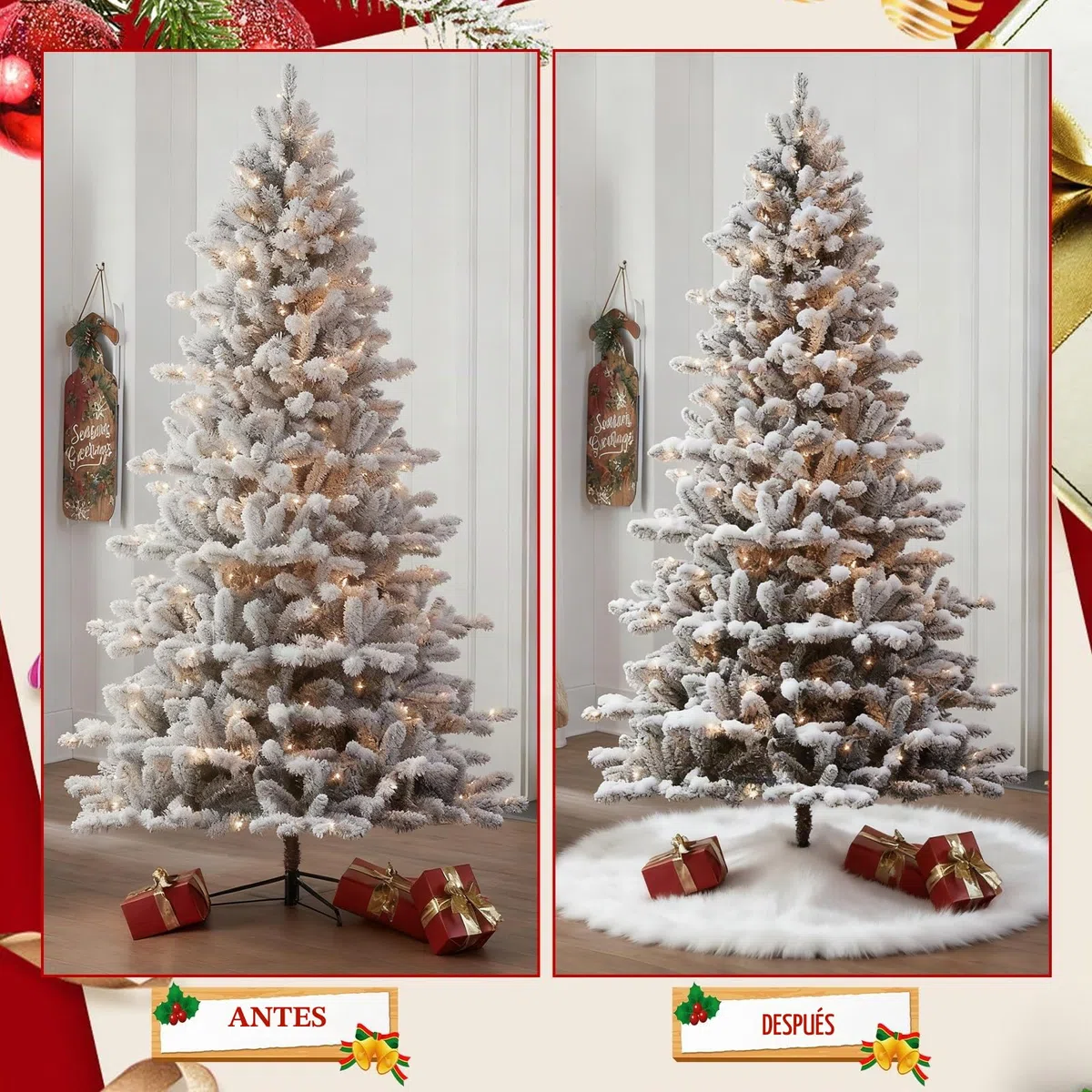 Faldón para Árbol de Navidad 90cm, Cubresuelos de Pelo Blanco Suave con 5 Adhesivo para Fijar alfombras para Decoración de Árbol de Navidad, Decoración Navideña para Interior