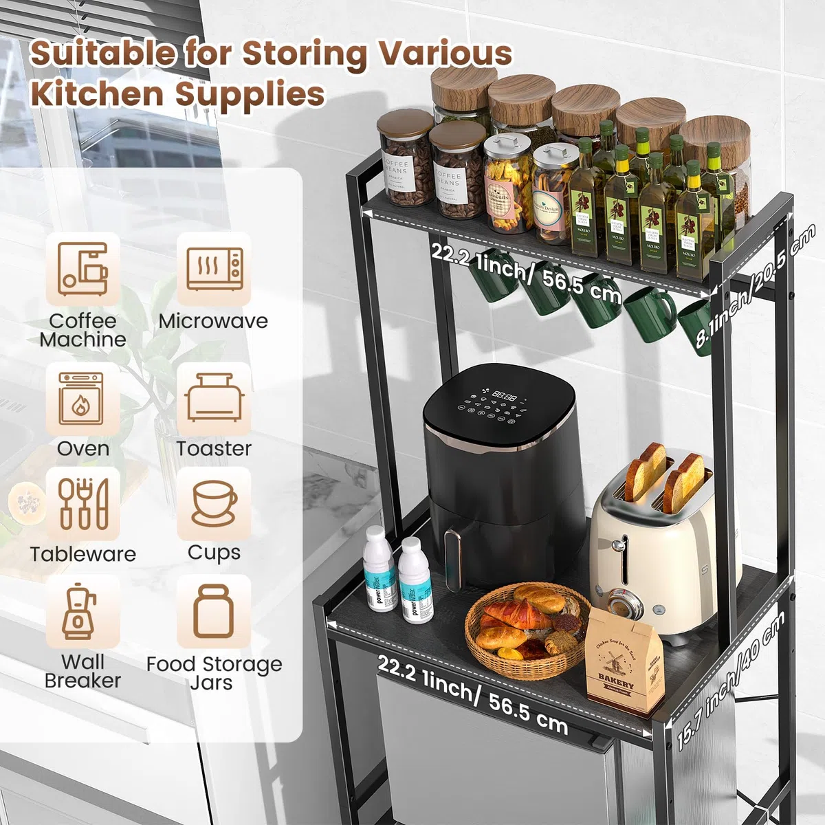 Housolution Soporte para Mini Nevera con Almacenamiento, Soporte para Microondas de Cocina de 2 Pisos Estante Mini Nevera Altura Ajustable Perchero con 8 Ganchos para Dormitorios, Salones, Negro