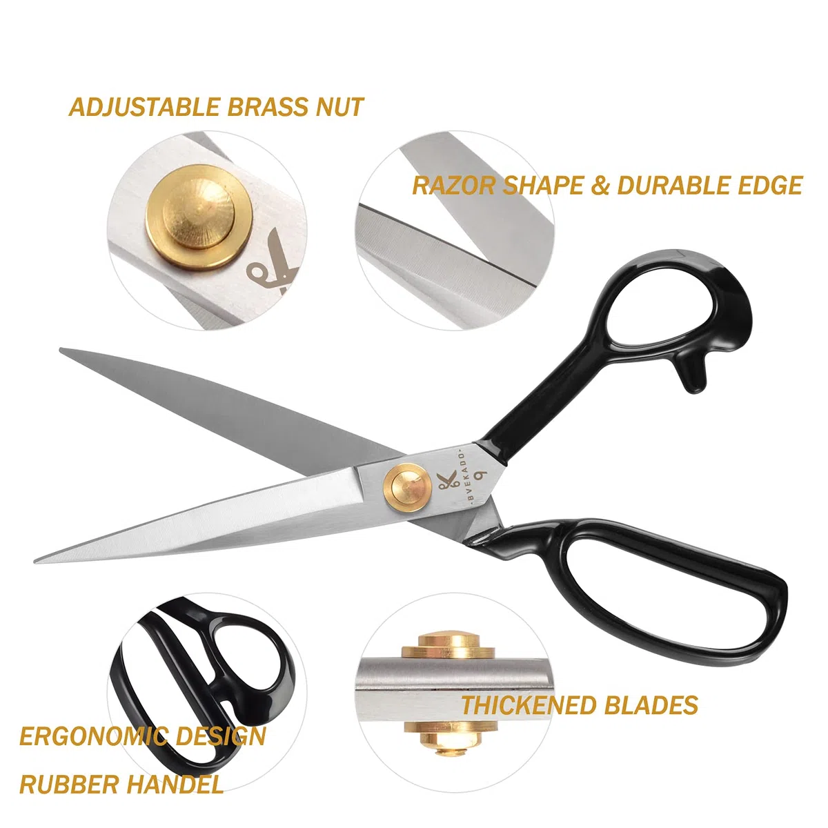 Tijeras de costura, tijeras de modista de 24 cm con cortador de hilo - tijeras de tela acero al carbono para cortar tela, ropa, cuero, materias primas (blanco, 9 pulgadas, diestro)