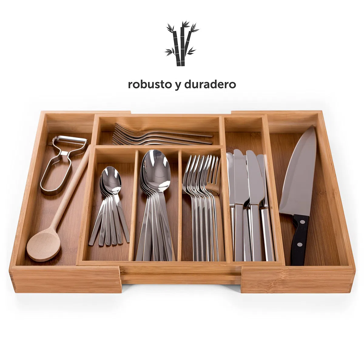 Blumtal Organizador Cubiertos de Bambú - Cuberteros para Cajón Cocina Ajustable - Organizador Cajones Cocina de 5 a 7 Compartimentos - Porta Cubiertos - Mediano