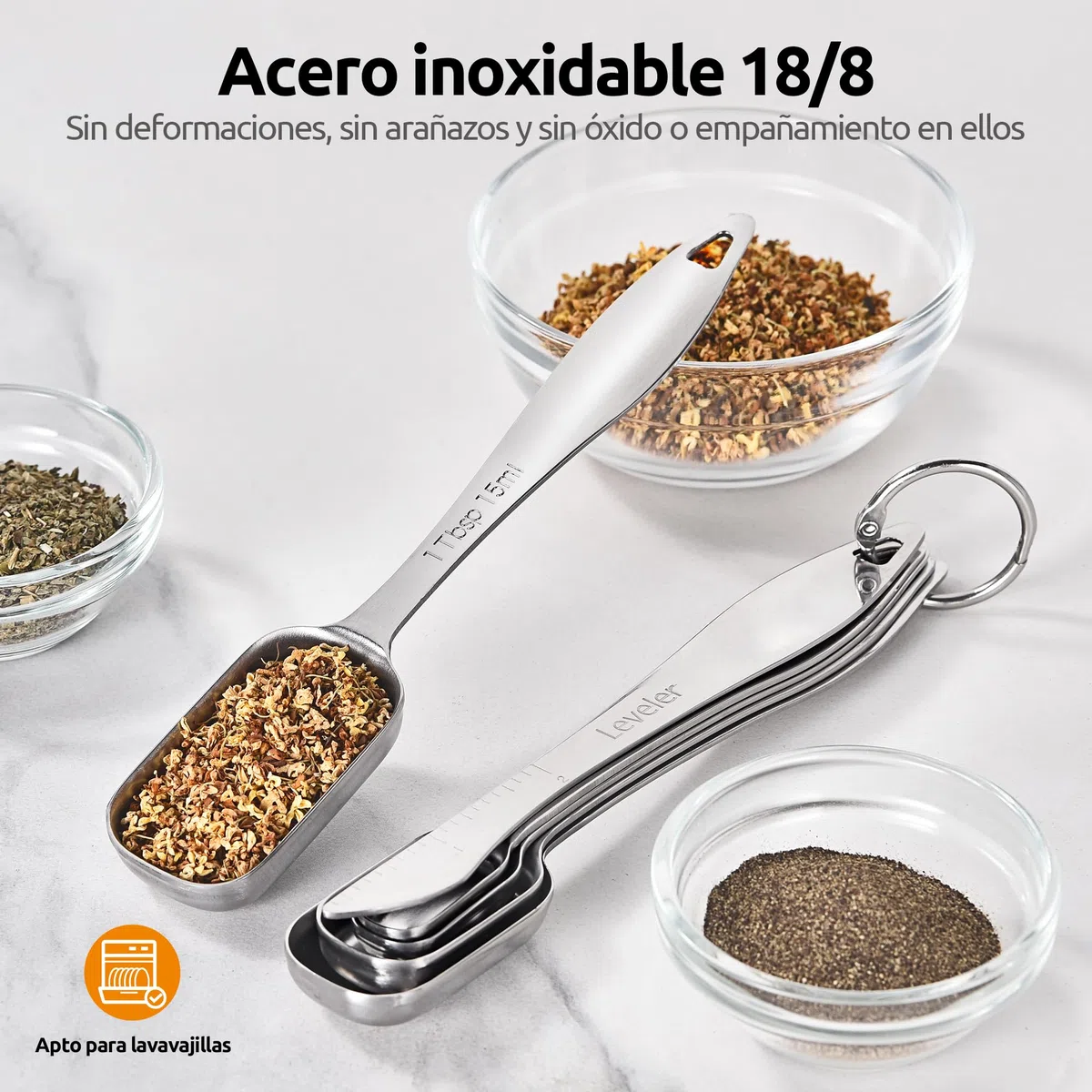U-Taste Cucharas medidoras de acero inoxidable 18/8, cucharadita cuadrada de metal con nivelador para ingredientes secos o líquidos, cabe en tarro de especias (juego de 8, Plata)