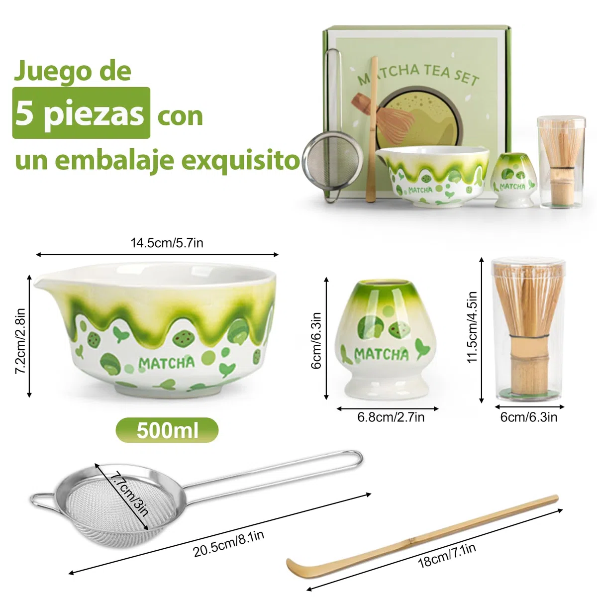 Juego de 5 piezas de matcha, elegante juego de té Macha verde, juego de escoba matcha para los amantes del matcha, accesorios de matcha con soporte para escoba, filtro colador y cuenco