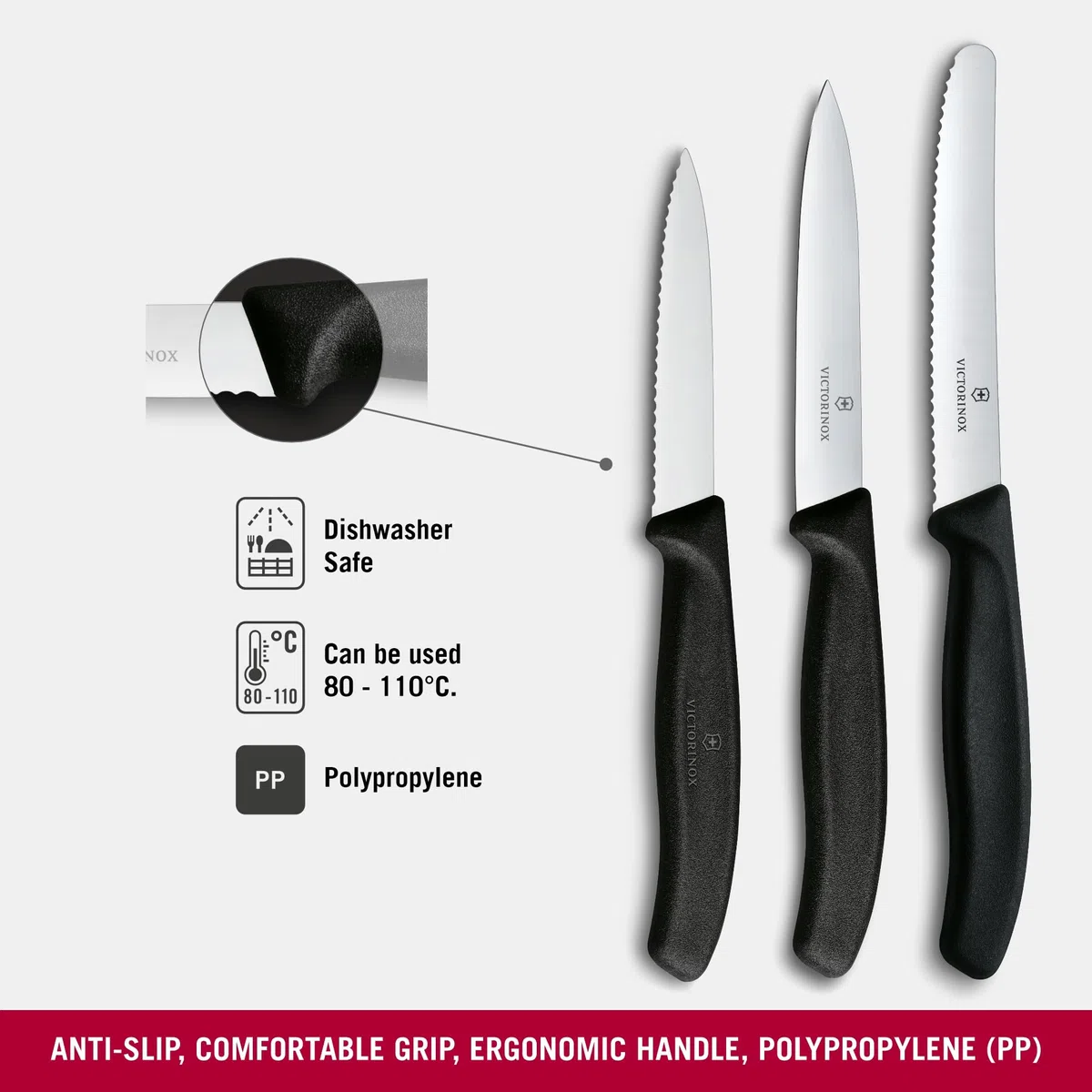 Victorinox Swiss Classic Juego de cuchillos de cocina, 3 piezas, cuchillo para pelar, cuchillo para tomates y cuchillo para desayunos, Mango robusto de plástico, Acero inoxidable, Negro