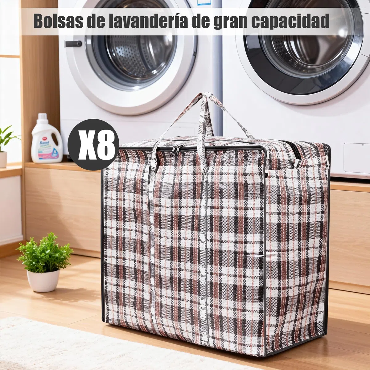 PACK8 Bolsa de Rafia GRANDE para Mudanza y Almacenaje 76x59x24 cm – Reutilizable, Impermeable, con Cremallera y Asas Resistentes