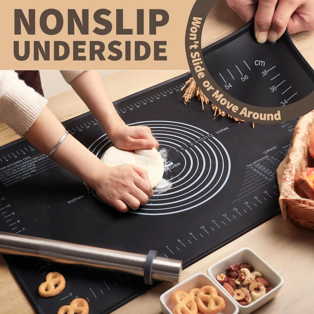 SUPER KITCHEN Alfombrilla de Silicona para Repostería 70x50cm con Bordes Levantados, Medidas y Antiadherente - Extra Grande y Gruesa para Amasar, Extender Masa y Fondant (Negro)