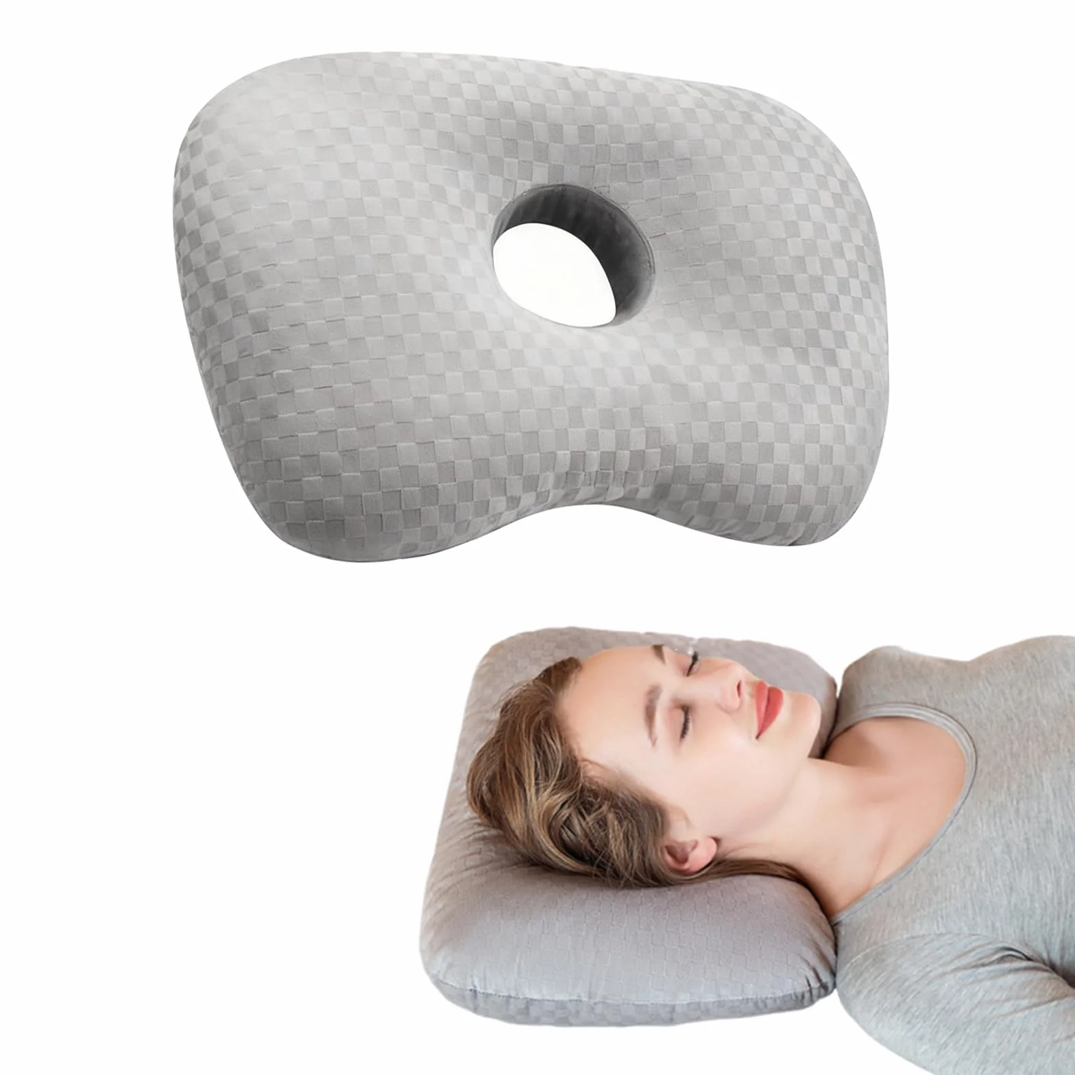 Almohada Perforadora Piercing - Piercing De Almohada con Orificio, Cojin Cuadrado con Agujero para Oreja Alivia Dolor de Oído, Piercings, Condrodermatitis y Presión (44x32x5cm, Gris)