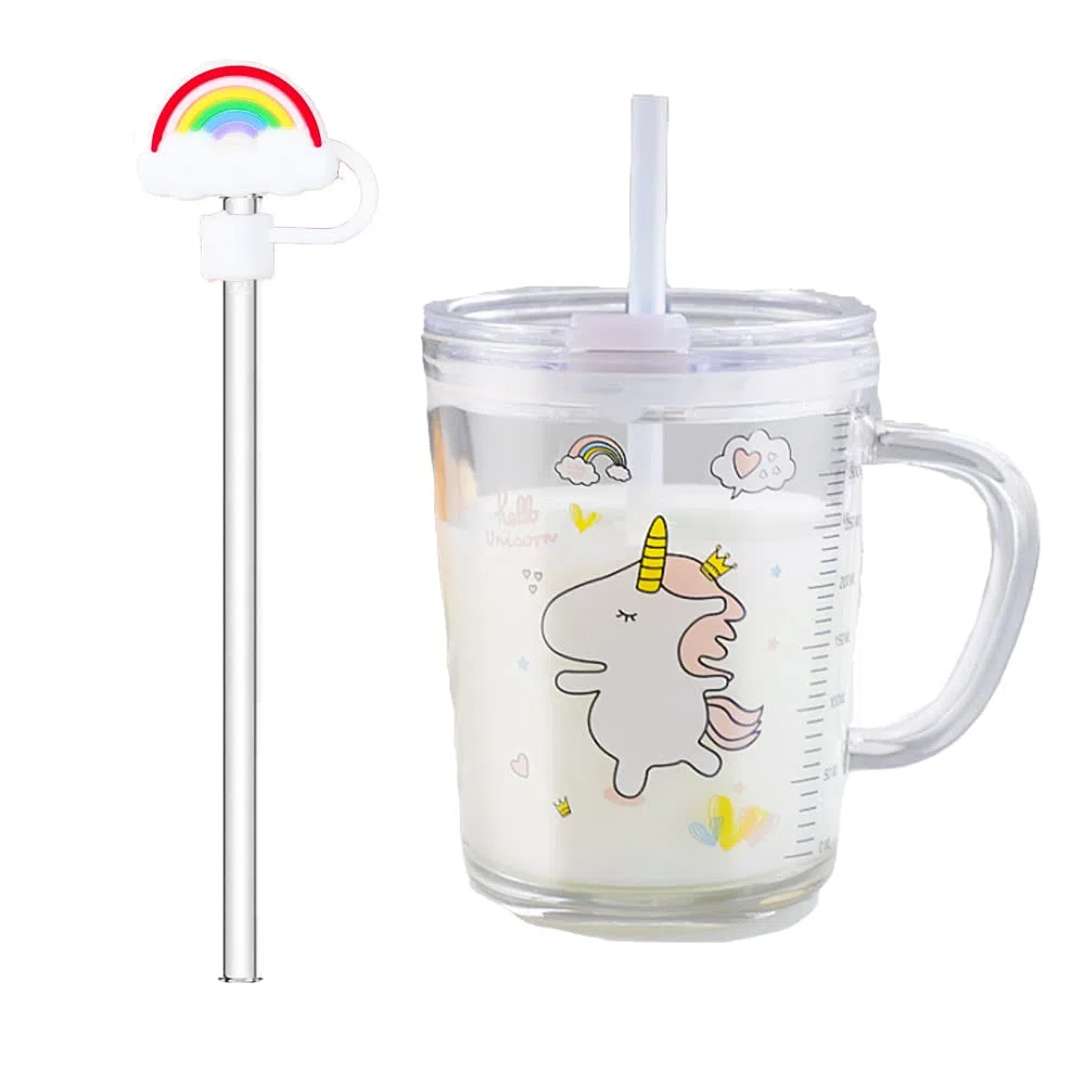 Vaso cristal con tapa y pajita, Cristal transparente con paja, 350 ml Tazas Medición Vaso Leche para Café Jugo Té Helado, unicornio, 350 ml
