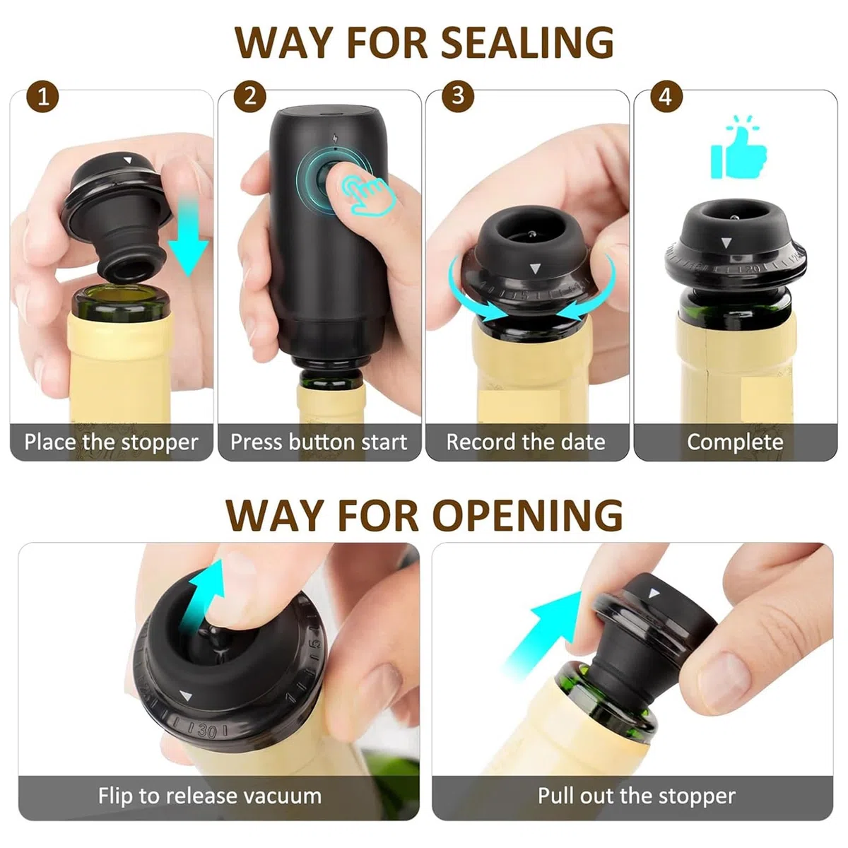Bombas Eléctricas De Ahorro Vino con Tapón Vacío Bombas Recargables con Tapones Herramienta Reutilizable para Mantener Más Fresco Vacío Vino