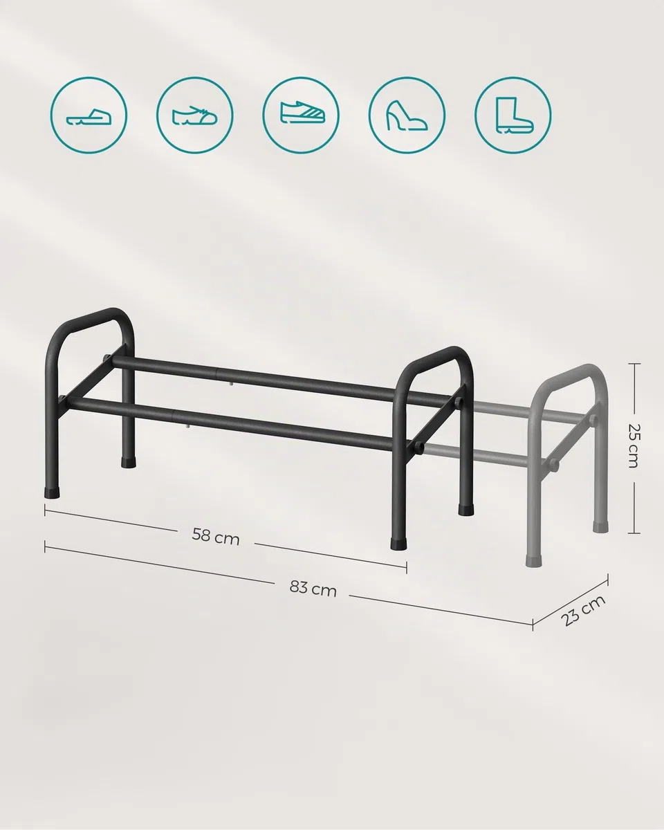 SONGMICS Zapatero Expandible, Estante de Almacenamiento de Zapatos de 1 Nivel de Metal, Organizador de Zapatos Ajustable, Zapatero Independiente para Pasillo, Clóset, Entrada, Fácil Montaje, Negro