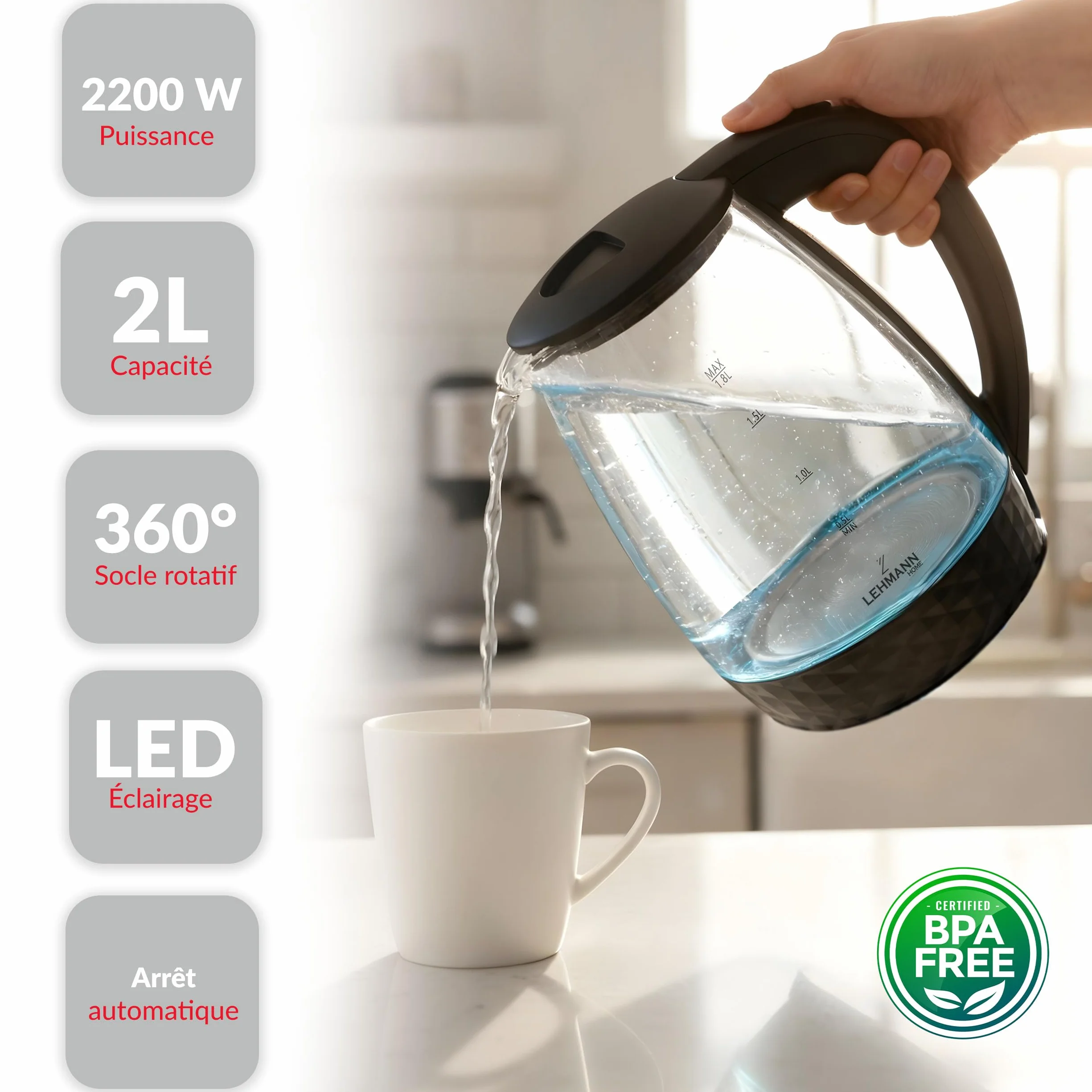 Lehmann LHOEK-2220C Hervidor eléctrico de vidrio para cocina, 2 L, 2200 W, hervidor eléctrico de vidrio, hervidor de agua con tanque iluminado y pedestal decorado, cocción rápida y gran capacidad