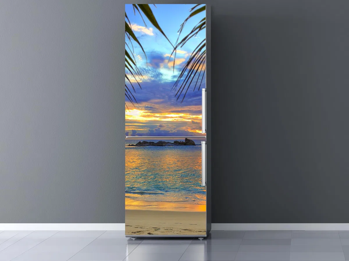 Oedim Vinilo Frigorífico Anochecer en Playa Tropical 185x60cm | Adhesivo Resistente | Pegatinas de Nevera Económicas y Elegantes | Vinilo Nevera