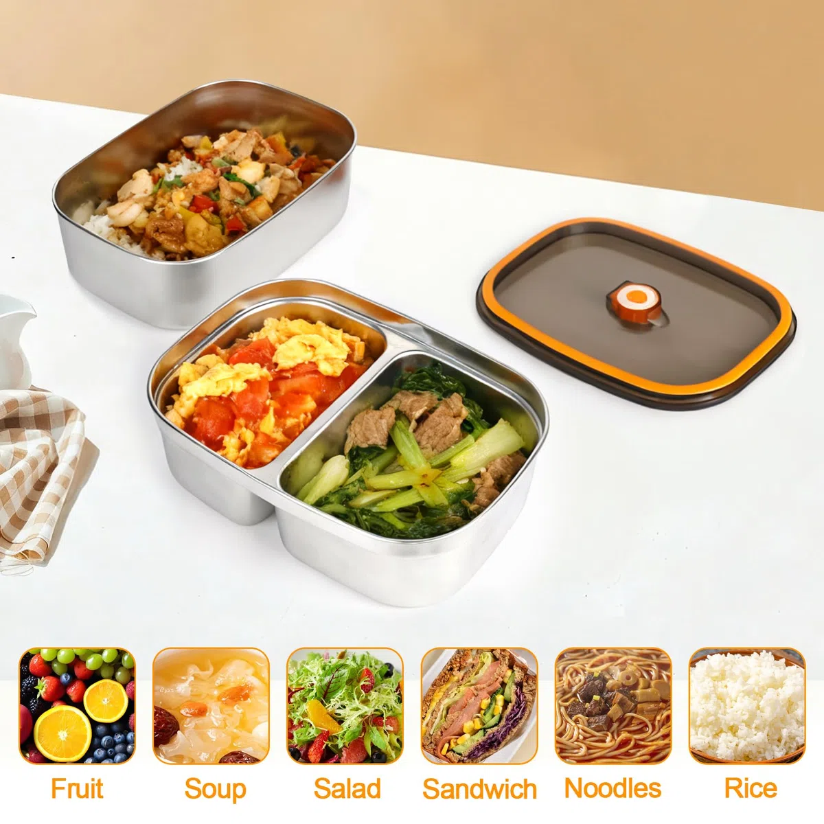 Fiambrera Bento Box para adultos, 2 unidades, 1,2 L + 1,7 L, gran capacidad, acero inoxidable 304, caja de bento portátil, de acero inoxidable, a prueba de fugas, fiambrera para adultos y niños