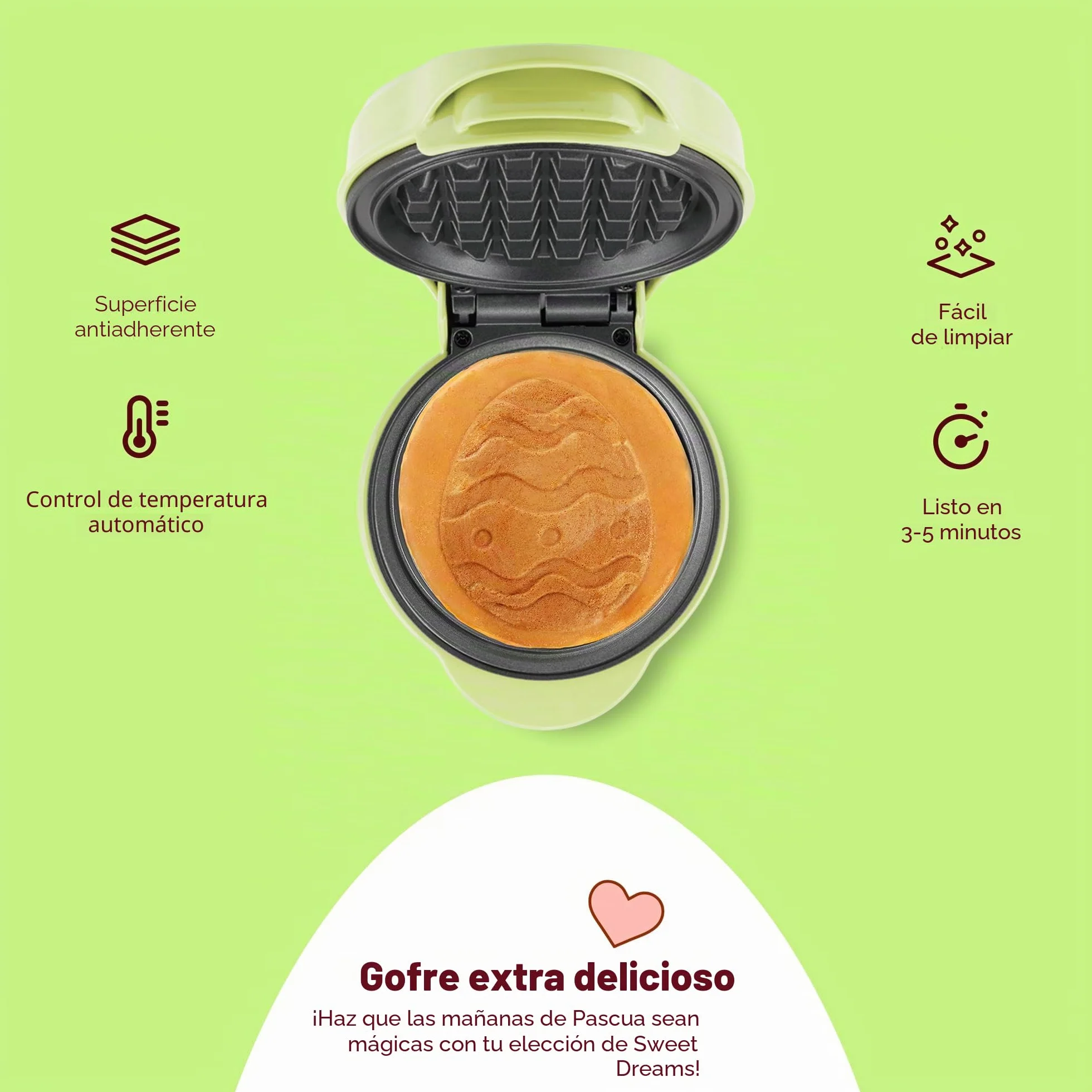 Bestron Mini waflera con diseño único en forma de huevo de Pascua, waflera ideal para Pascua, cumpleaños infantil o como regalo, tamaño de gofres 10 cm, color: verde