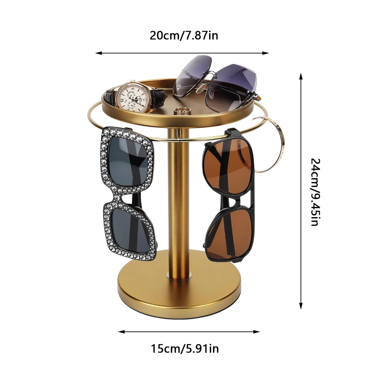 Expositor para Gafas - Organizador Giratorio a 360 Grados | Porta Gafas de Sol de Hierro con Bandeja para Joyas, Relojes, cosméticos | Estante de Almacenamiento doméstico Desmontable para tocador,