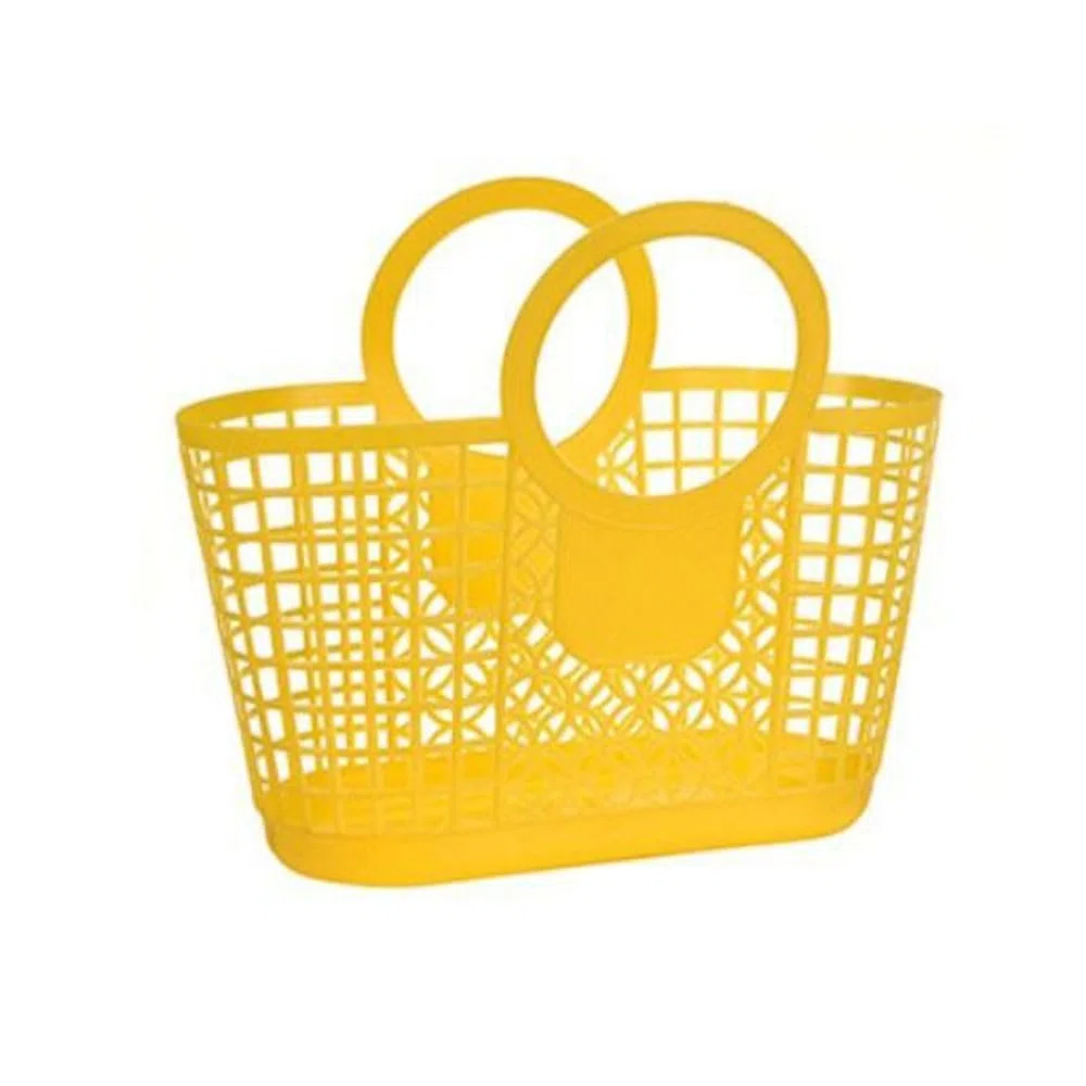 Cestas de compras huecas, bolsos de playa reutilizables, bolso de playa de plástico de color, cesta de almacenamiento de verduras portátil, cesta de baño y ducha (amarilla)