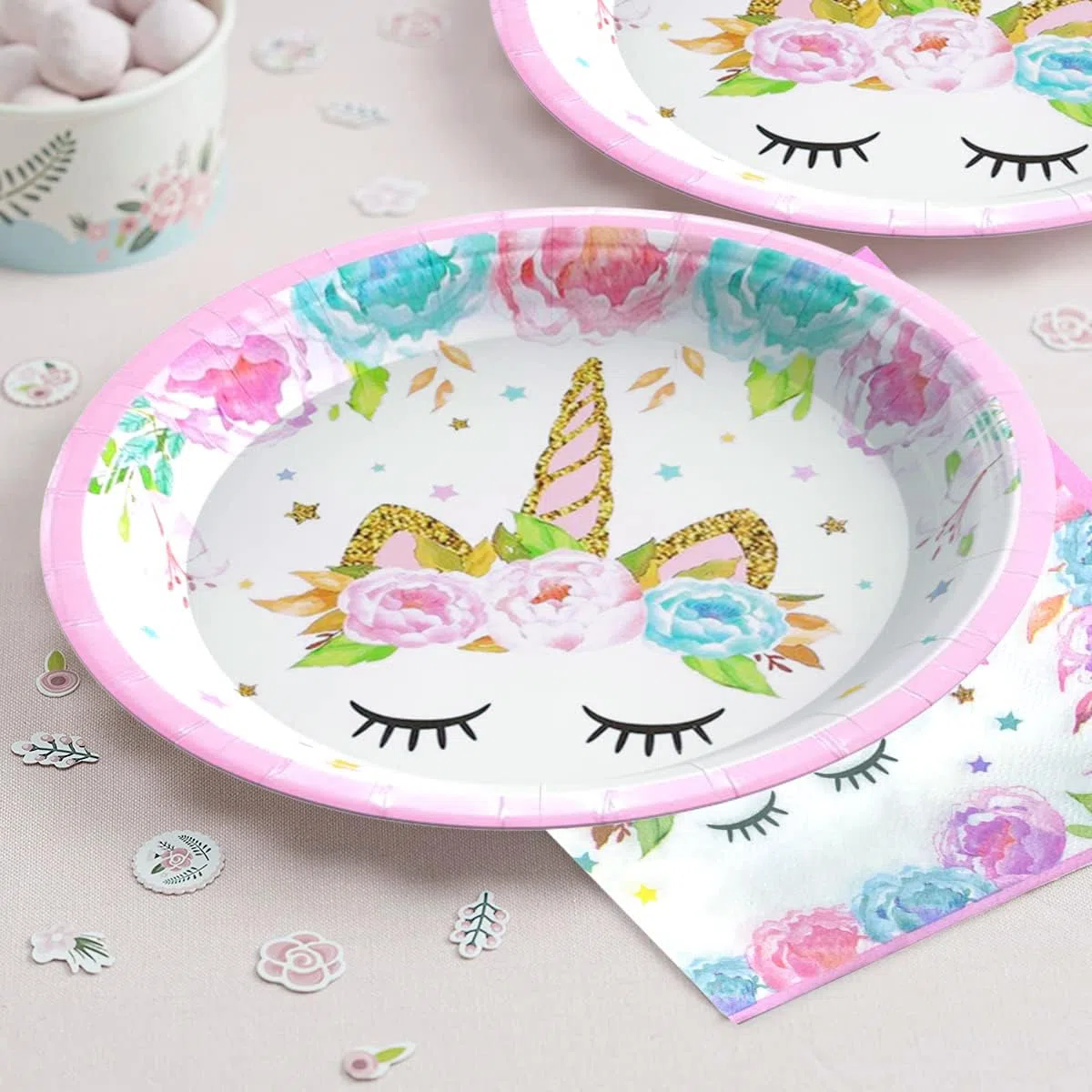 Bikasun Juego de vajilla de fiesta de unicornio, juego de 16 platos de unicornio, vajilla de cumpleaños infantil, platos de papel, tazas, servilletas, mantel, decoración para fiestas
