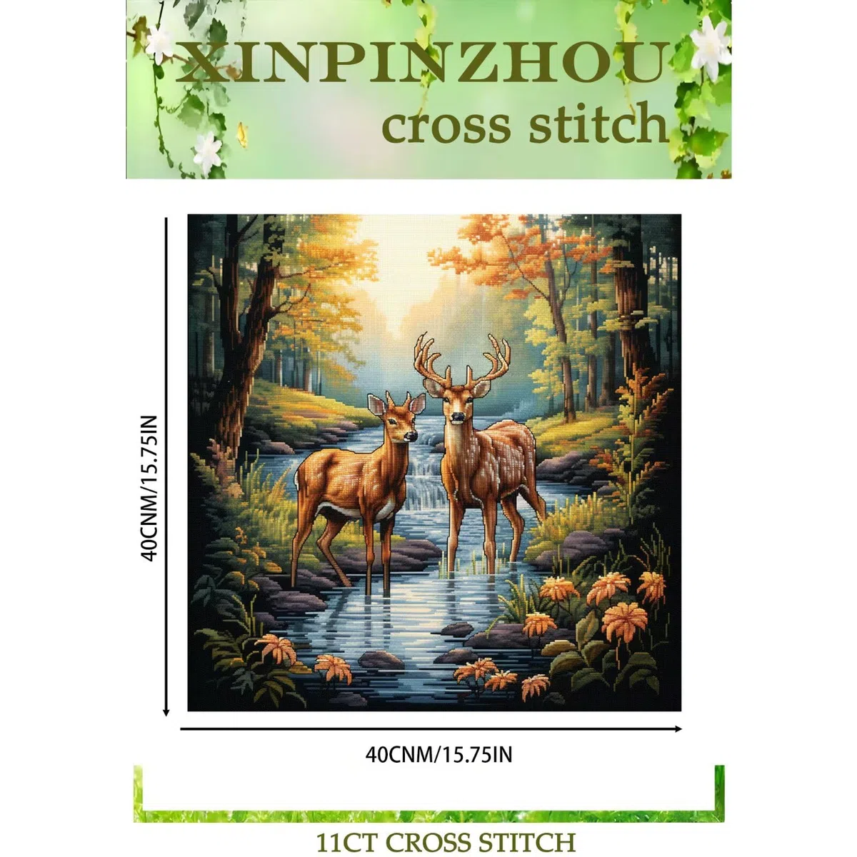 Xinpinzhou Kit Punto de Cruz con Hilos y Tela Impresa Completo 36x36 cm | Patrones Ciervo Animales 11 Cuadros, Esquemas de Bordado Principiantes, Manualidades DIY para Decoracion Hogar o Regalo Madre
