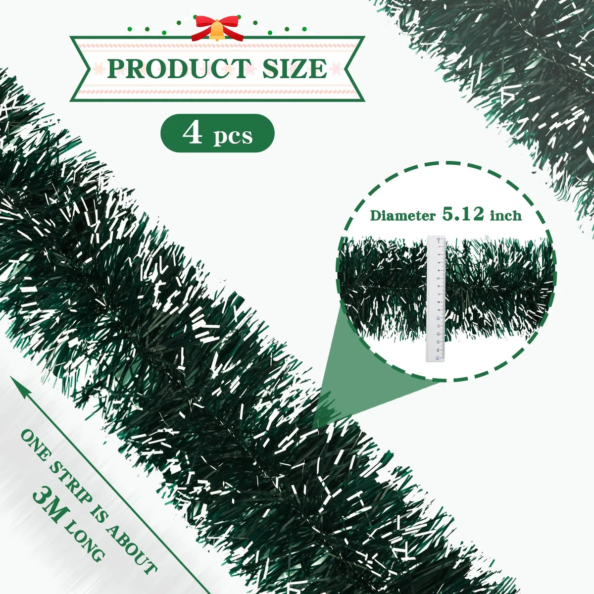 4 pcs de Navidad Guirnalda de Navidad Verde Oscuro-Abeto Artificial Guirnalda Ø13cm,12M Guirnalda de Navidad árbol de Navidad Deco oropel para repisa de la Chimenea,Escalera,Navidad,Interior,Exterior