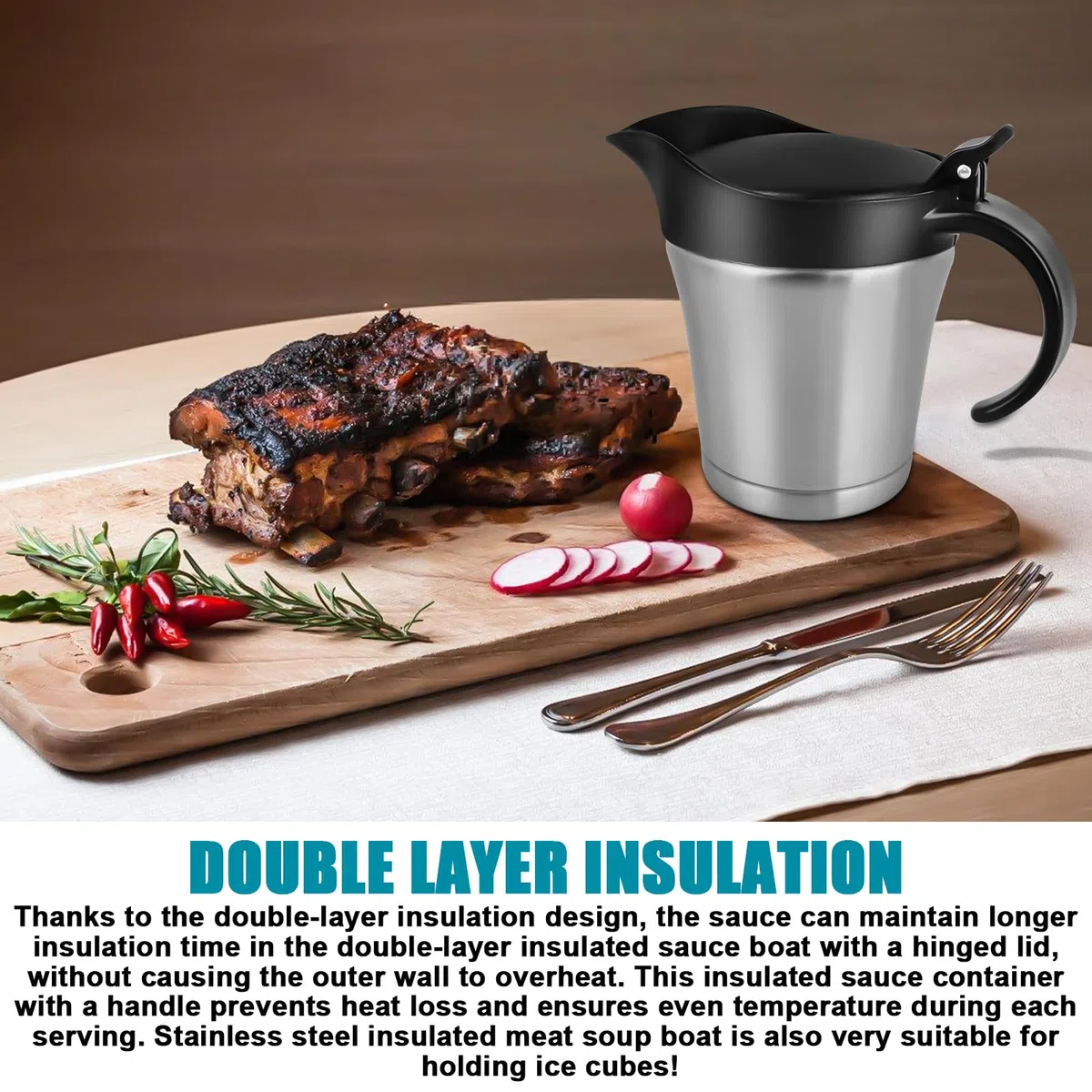 Jarra de salsa de acero inoxidable 304, 450 ml: jarra para salsas con tapa negra, doble pared para salsa de carne, elegante jarra térmica plateada para salsas de fiesta (negro/plata)