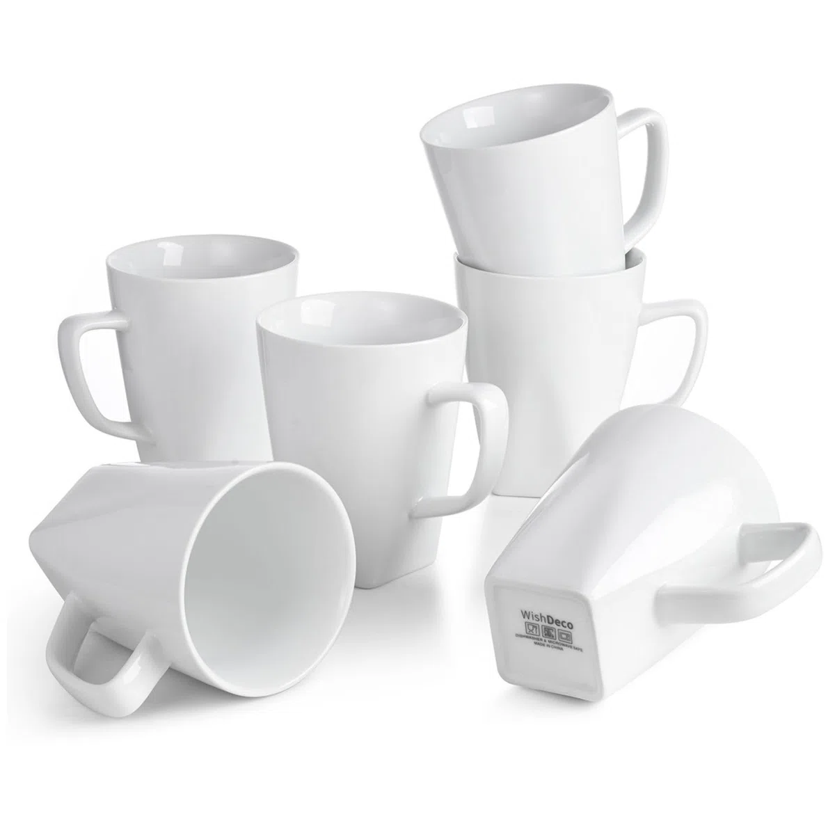WishDeco Juego de 6 Tazas Porcelana, Tazas de Cafe Grandes 400ml, Taza Desayuno, Taza de Té Blancas, Mug Cerámica para Capuchino, Leche, Zumo