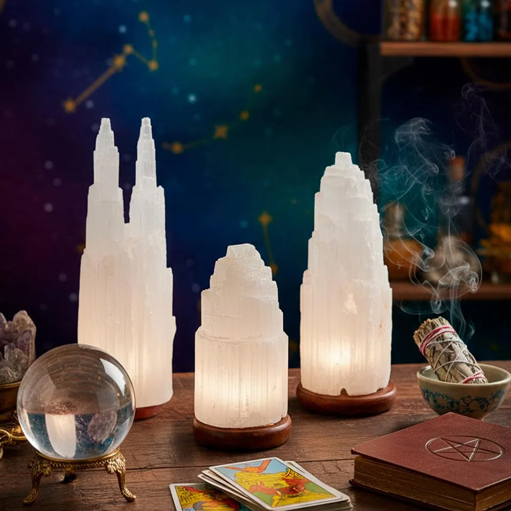 AROMASENSES | Portavelas Selenita Catedral | Piedra Natural | Limpieza Energética y Armonía | Ideal Para Meditación, Rituales y Decoración Zen