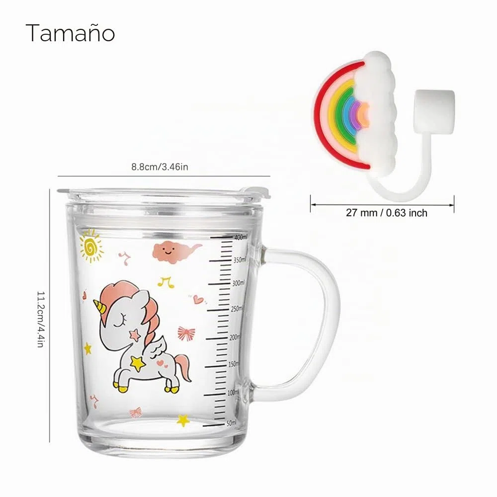 Vaso cristal con tapa y pajita, Cristal transparente con paja, 350 ml Tazas Medición Vaso Leche para Café Jugo Té Helado, unicornio, 350 ml