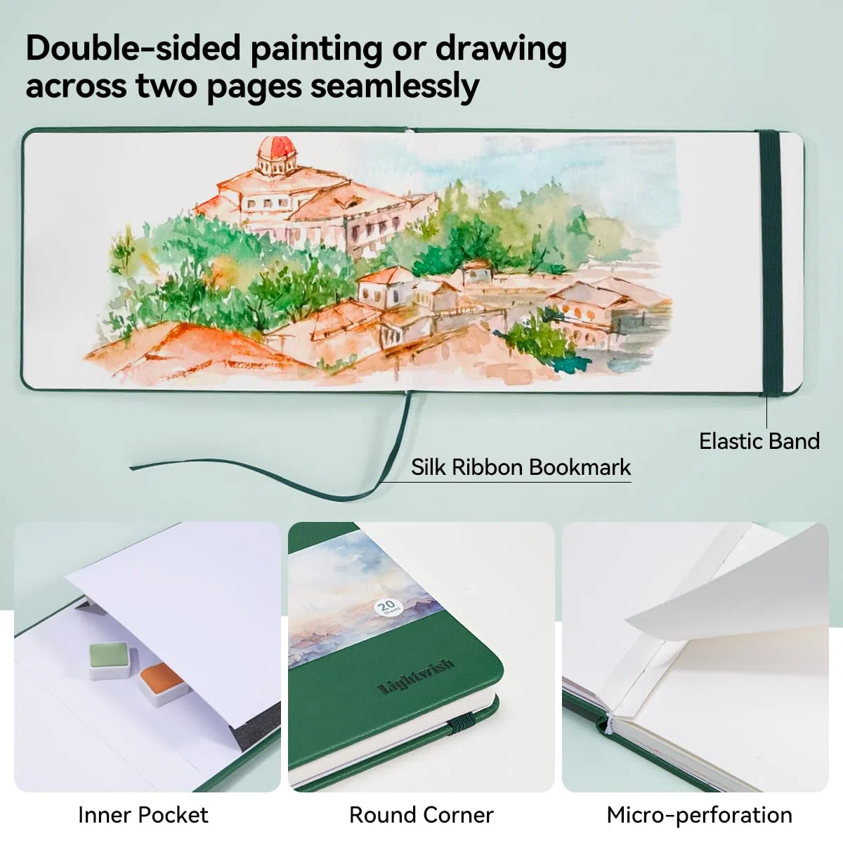 LIGHTWISH Bloque de Acuarela, 20 Hojas - Papel 100% Algodón 300 g/m² (140 lb), Superficie Hot-Pressed (Lisa) y Sin Ácidos - Ideal para Acuarela, Gouache y Técnicas Detalladas - 7.6" x 5.1"