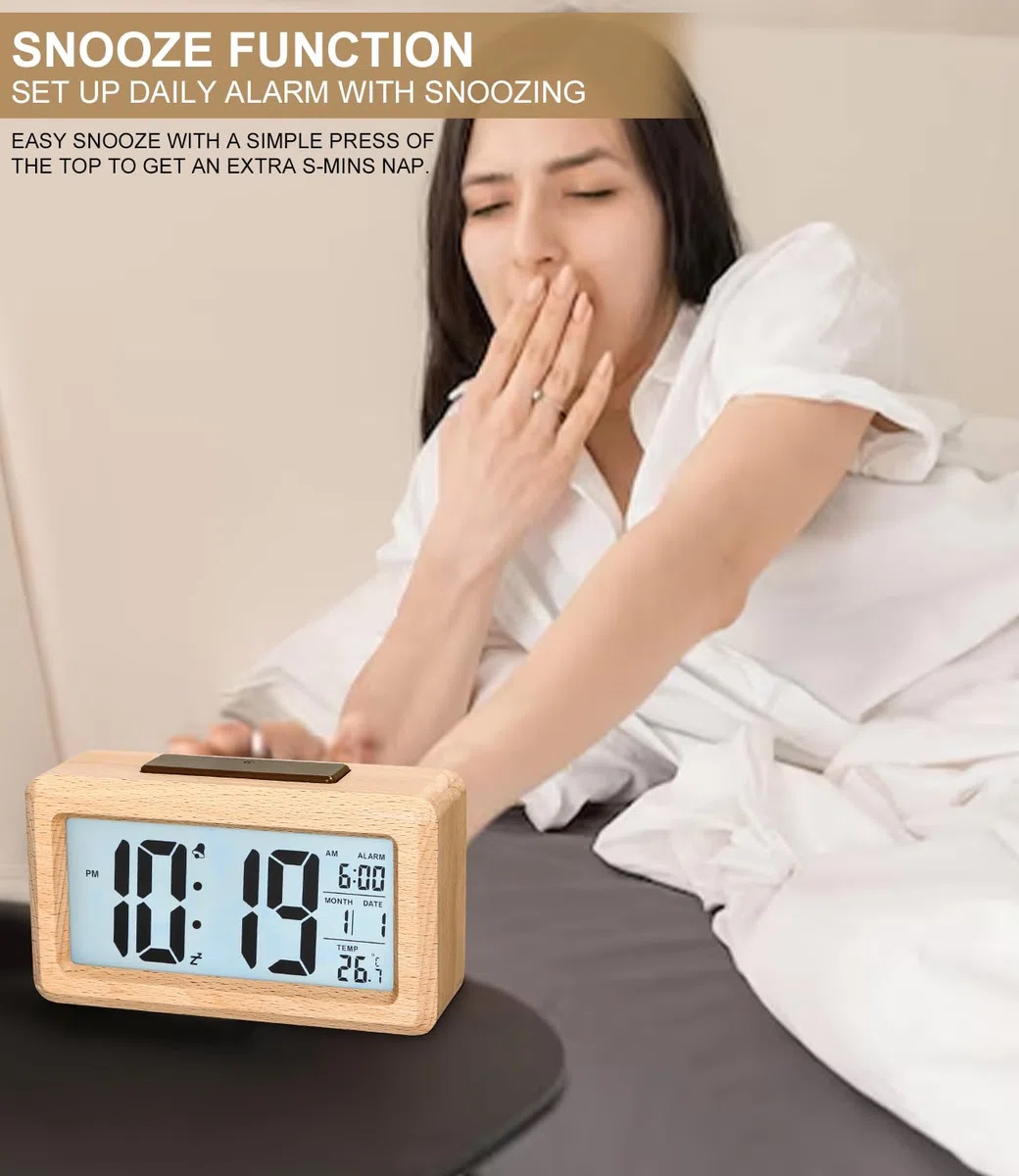 Despertador Digital, Despertador de Madera con Gran Pantalla, Reloj de sobremesa con módulos sensores, Reloj Digital con módulos Snooze, 12/24 Horas, Fecha, visualización de Temperatura,