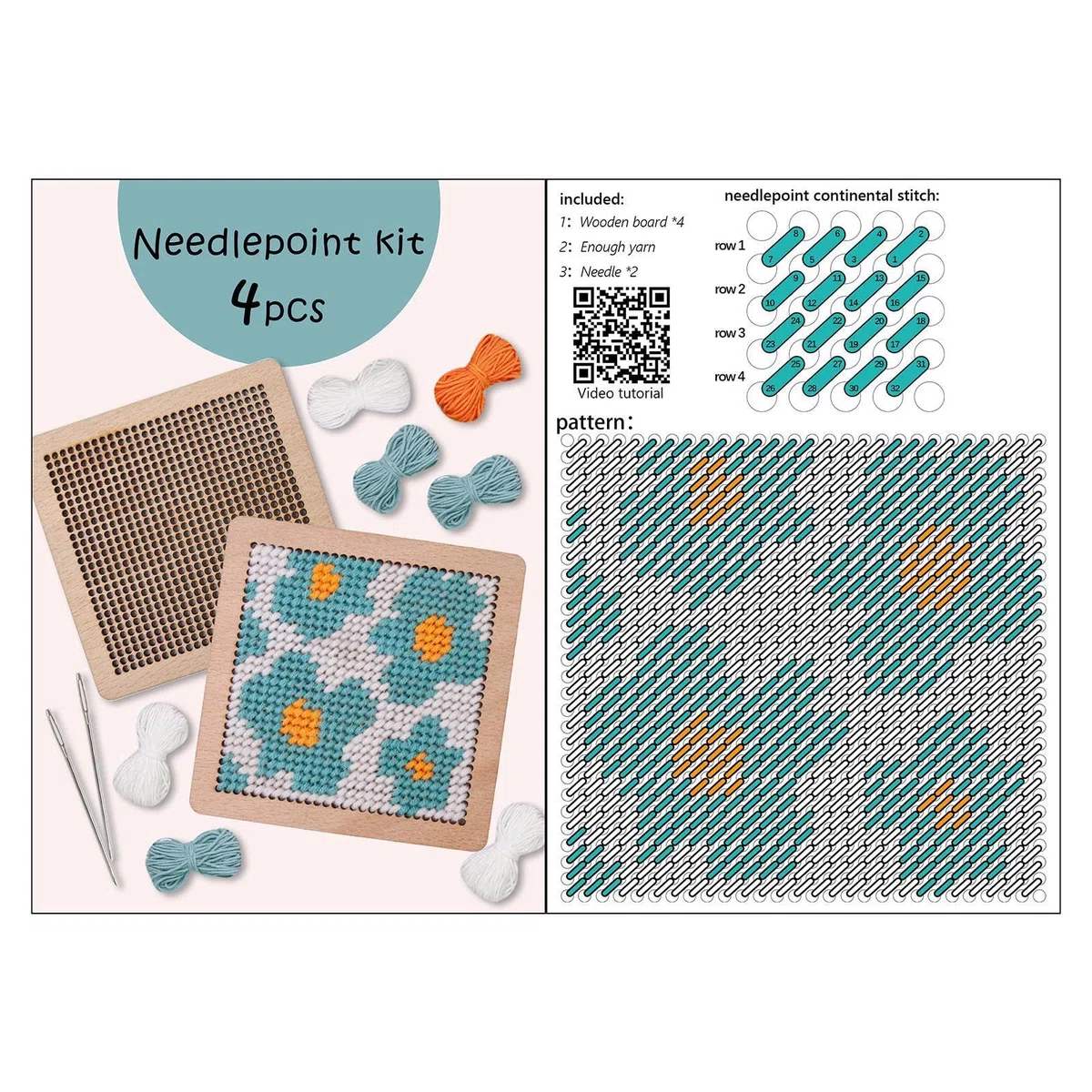 Kit de posavasos de punto de aguja, kit de posavasos de bordado para punto de cruz, 7 hilos, 2 agujas de tejer, juego de costura hecho a mano para adultos