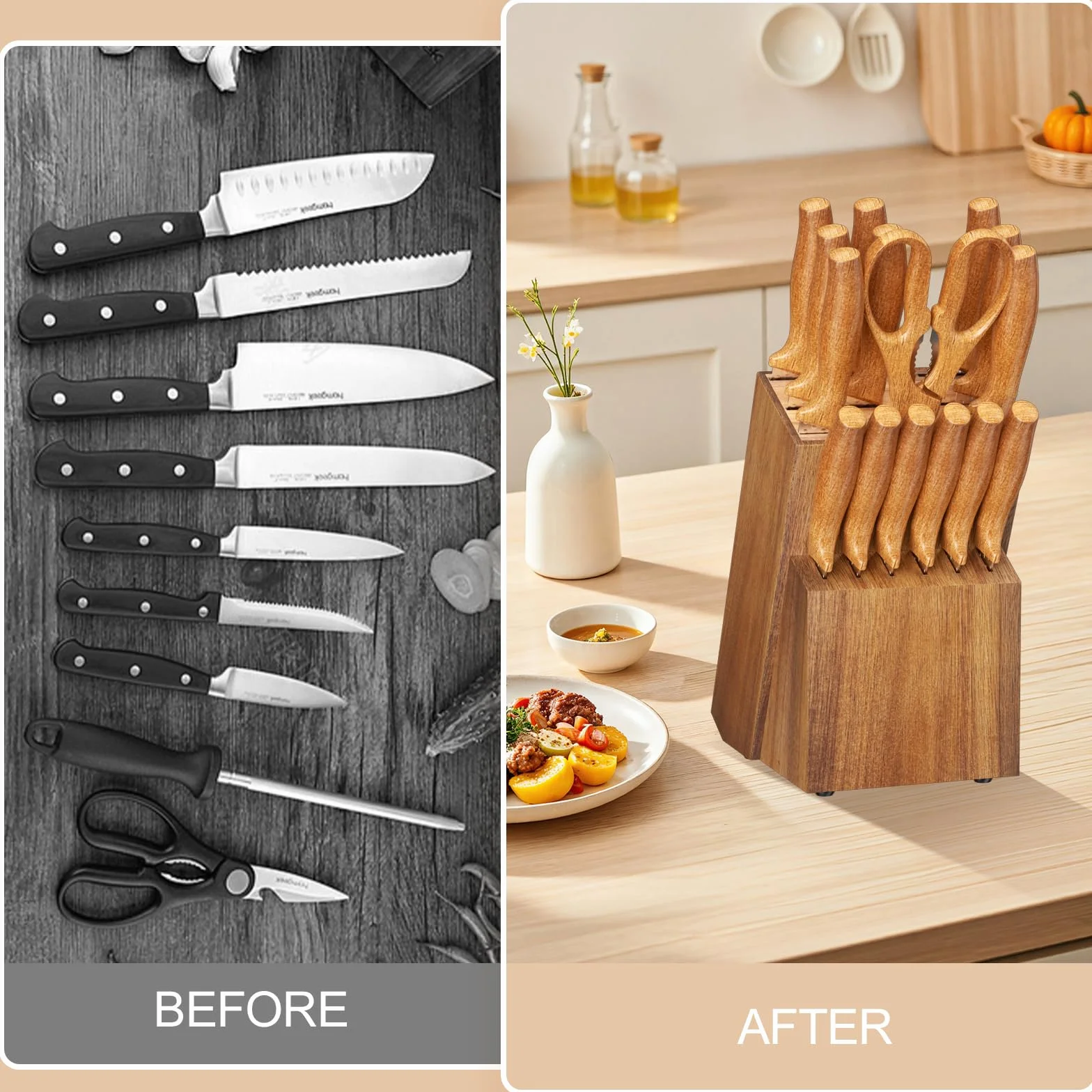 Bloque de Cuchillos, Bloque de Madera, Soporte Cuchillos Cocina, Portacuchillos, Knife Block para 14 Ranura Incluye Sacapuntas y Tijeras Ranura, Cuchillo no Incluido, Universal, Pino