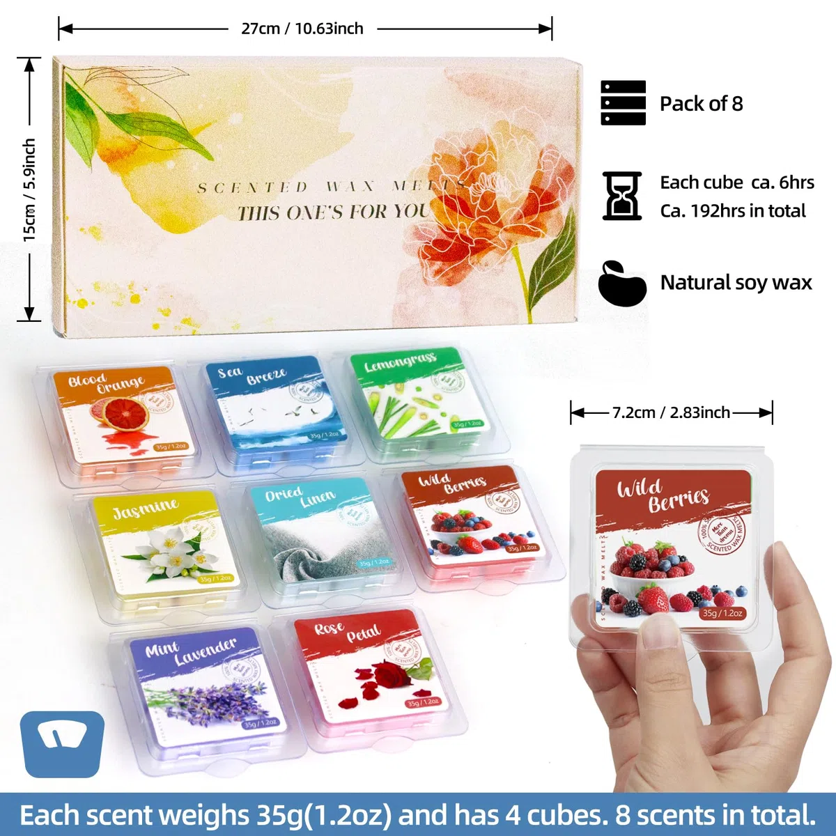 Cera Perfumada, Wax Melts, Cubos de Cera Aromática para Quemador de Velas, Cera de Soja Vegana Hecha a Mano para Uso Doméstico y de Oficina, Juego de Regalo de Fragancia para el Hogar, 8 Aromas