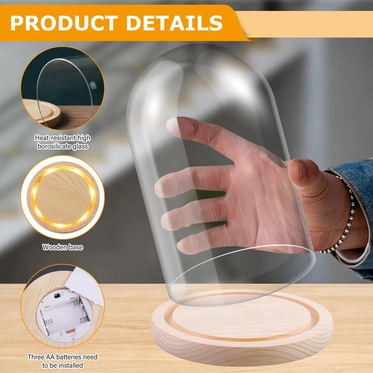 BORDEAG Campana de cristal con suelo de madera, campana de cristal decorativa con base de madera, cúpula de cristal con base de madera natural, cúpula de cristal decorativa alta, cúpula de cristal