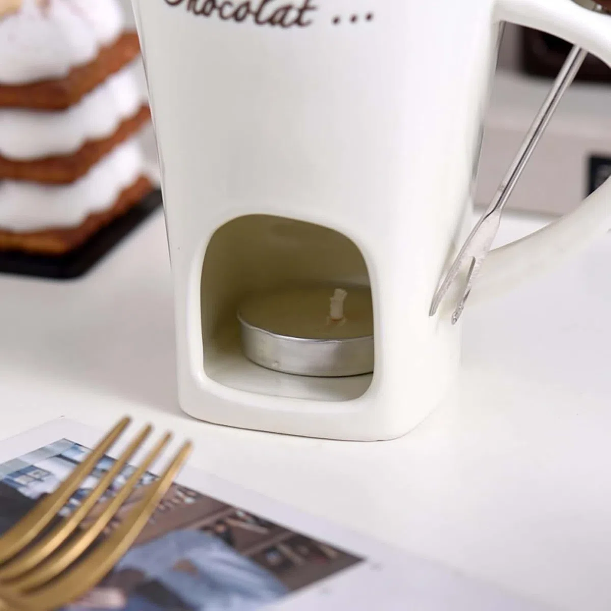 Taza para Fondue de Chocolate, Tazas de Fondue de Chocolate, Taza de Café de Cerámica para Fondue de Chocolate con Tenedores, Tazas para Derretir Mantequilla de Queso y Chocolate con Vela (White)
