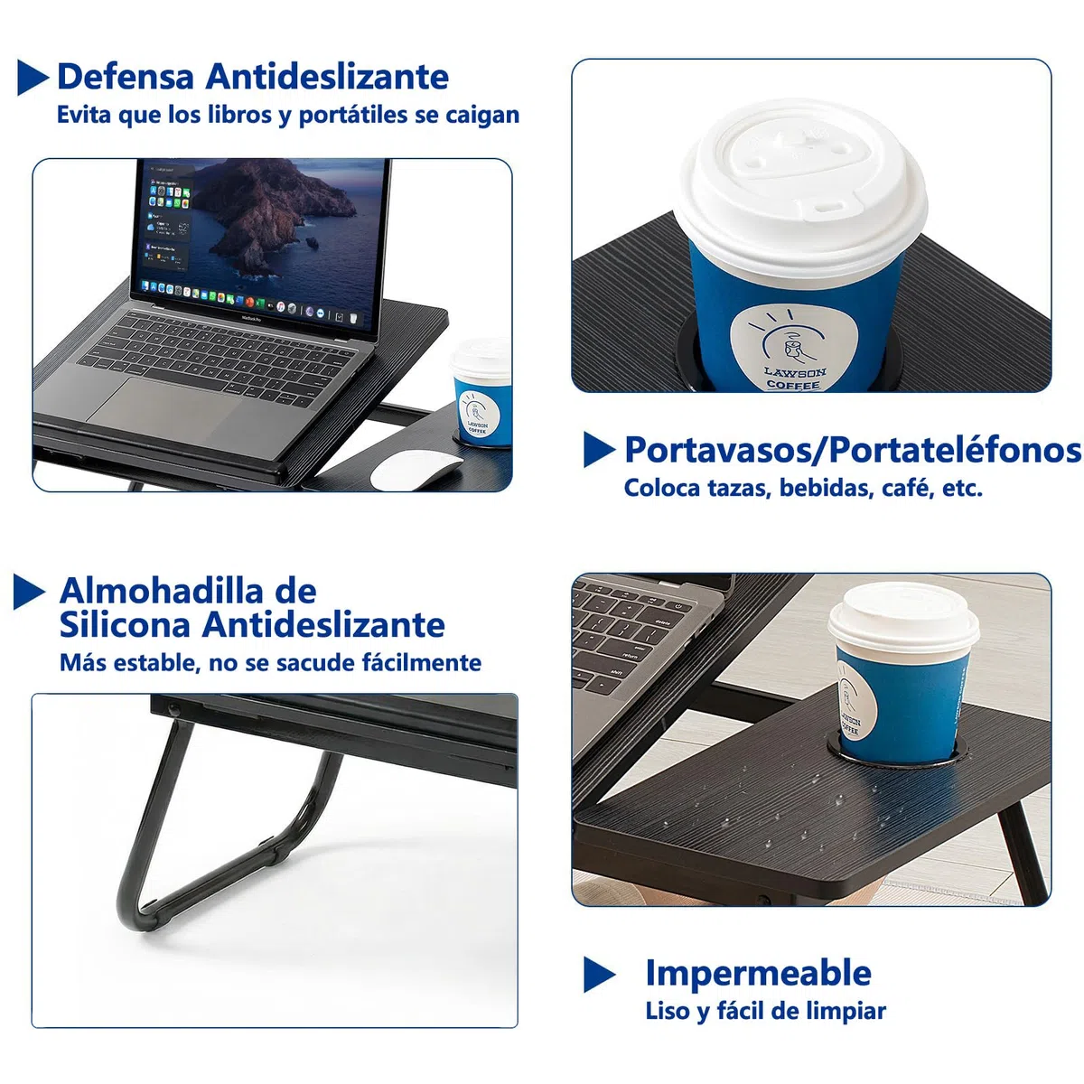 Mesa para Cama y Sofá - Plegable Bandeja para Cama con Tapa Ajustable y Portavasos, Mesa Cama Ordenador en Tablero MDF y Metal, 56x32x25 cm, Negro