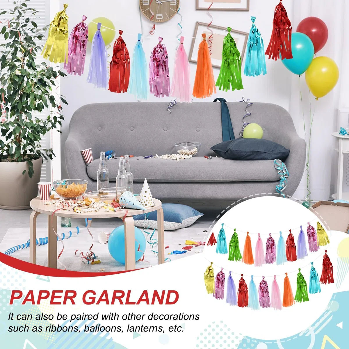 QUARKZMAN 40 Piezas De Guirnalda De Flecos Brillantes Para Decoración De Fiestas Con Cuerda Y Alambre Atar (Plateado 14.6 Pulgadas)