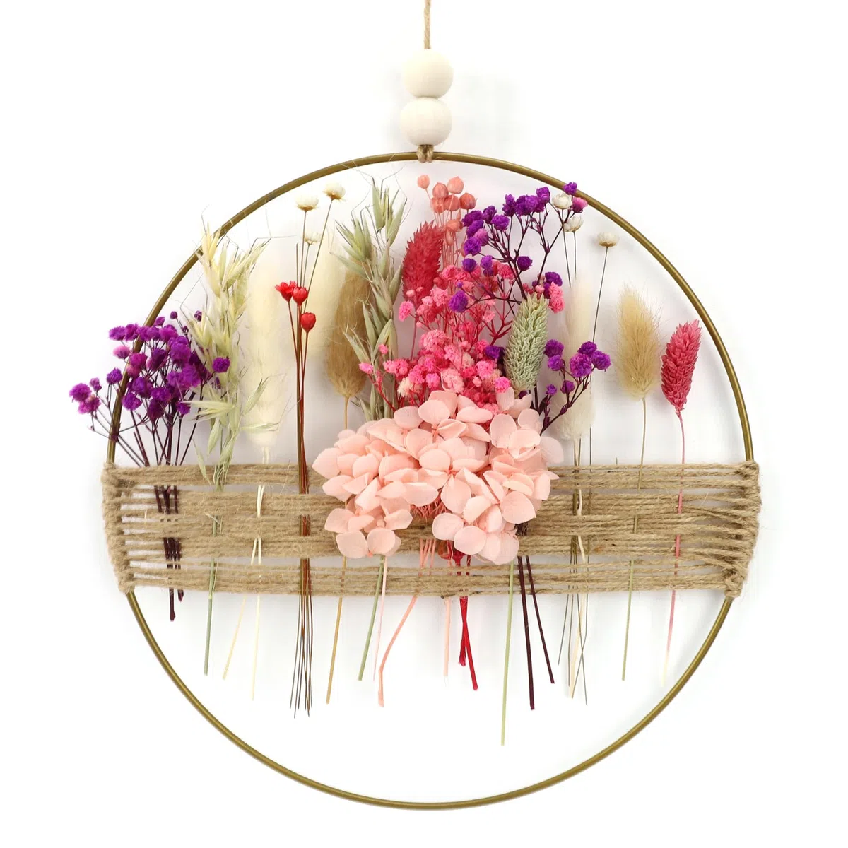 Corona de Puerta, 25 * 25cm Colgador de Puerta con Corona, Corona de Flores Secas, Guirnalda Flores Secas Naturales para Sala de Estar Pared y Puerta Decorativa(Rosa)