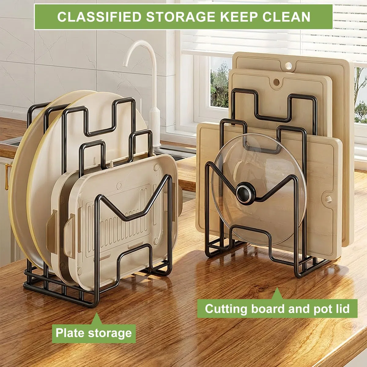 Soporte Bandejas Cocina Soporte Tabla Cocina con 4 Compartimentos,Organizador De Tabla De Cortar De Metal para tapas De Ollas, Espátulas, Platos, Bandejas para Hornear