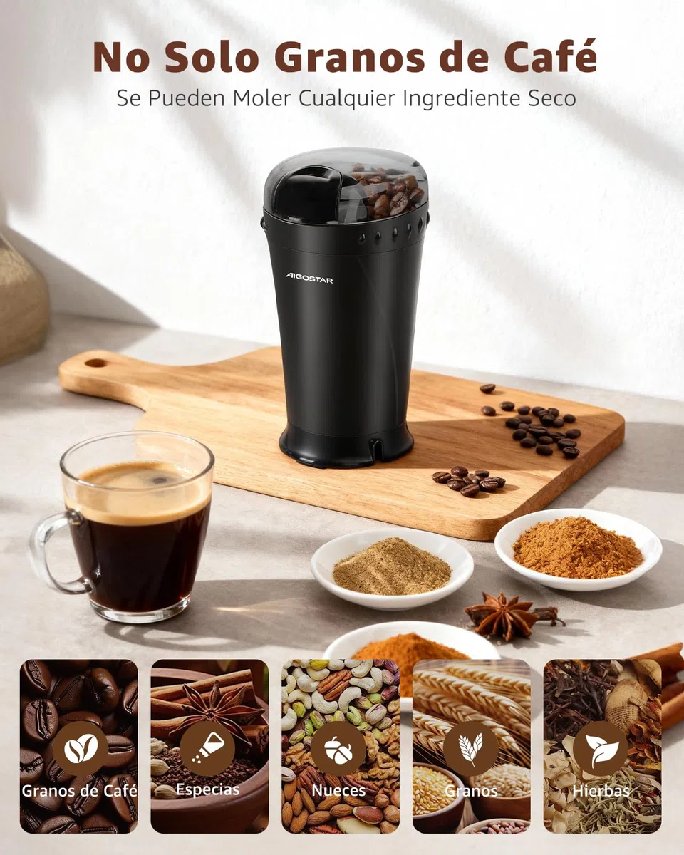 Aigostar Molinillo Cafe Electrico con Cuchillas Acero Inoxidable - 60g 200W Molinillo de Cafe, Cepillo de Limpieza Incluido, Libre de BPA, Para Moler Granos de Café, Especias & Semillas